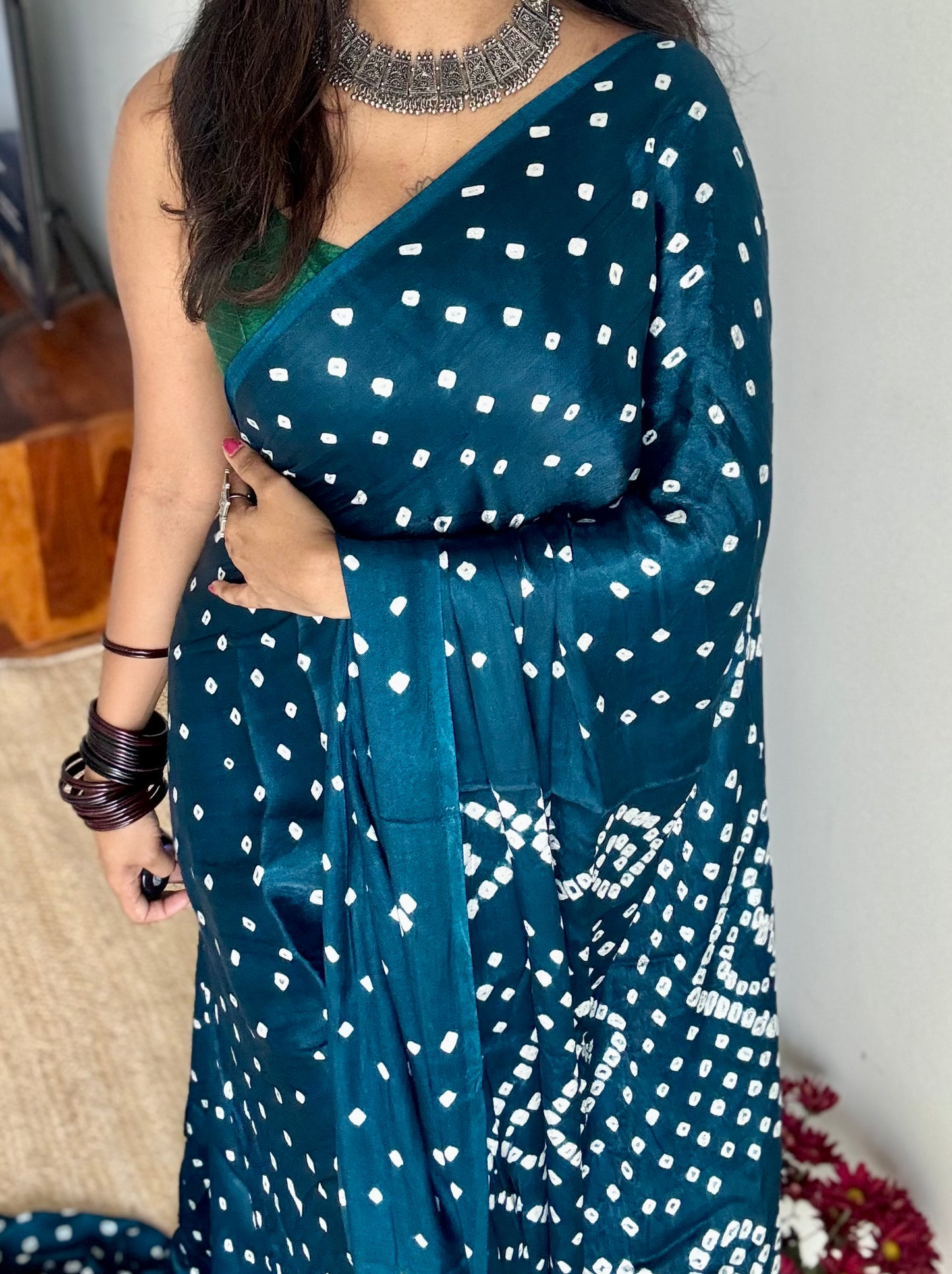 Peacock blue, crushed bandhani modal silk with lagdi patta (zari pallu) - YCDESE26
