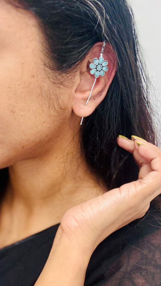 Oxidised silver, powder blue stone, floral earcuff - YCOSEEC295