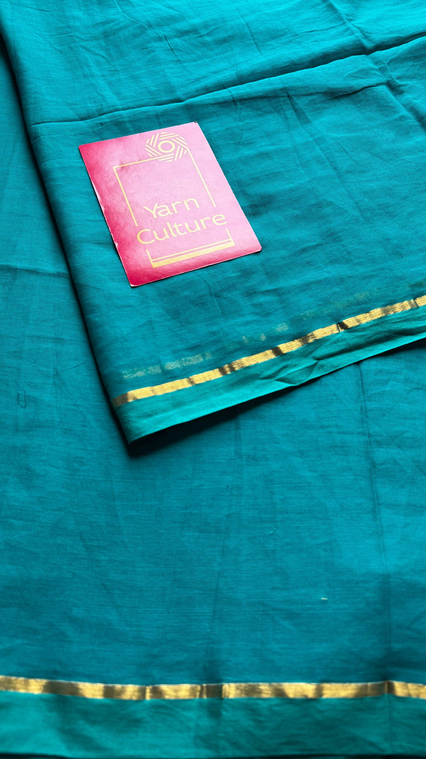 Cyan blue mul, thin antique gold zari gap border - YCBCMCLSE42
