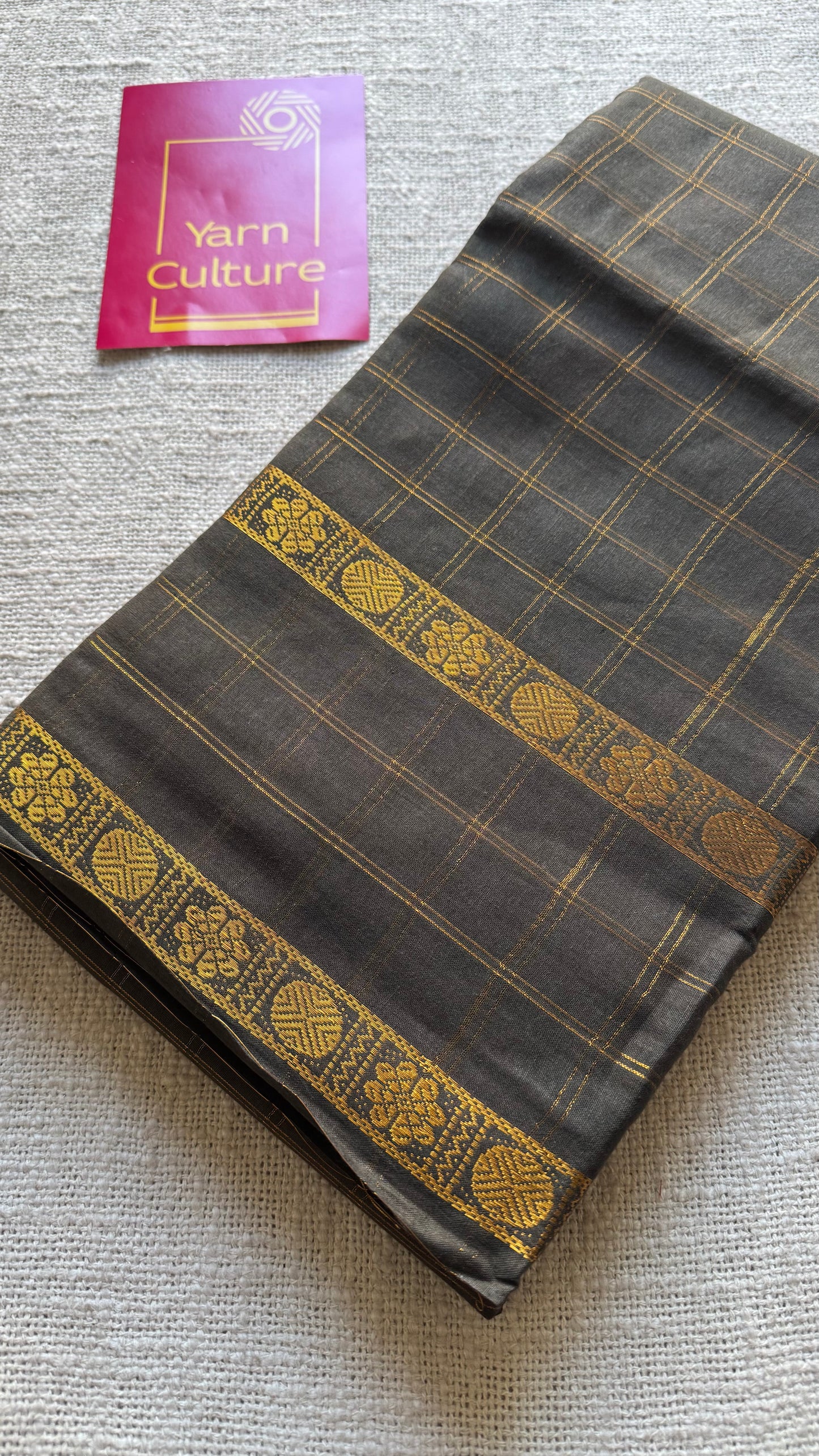 Khaki green adayar gold zari kattam, sungudi cotton - YCCOTNOCSC48