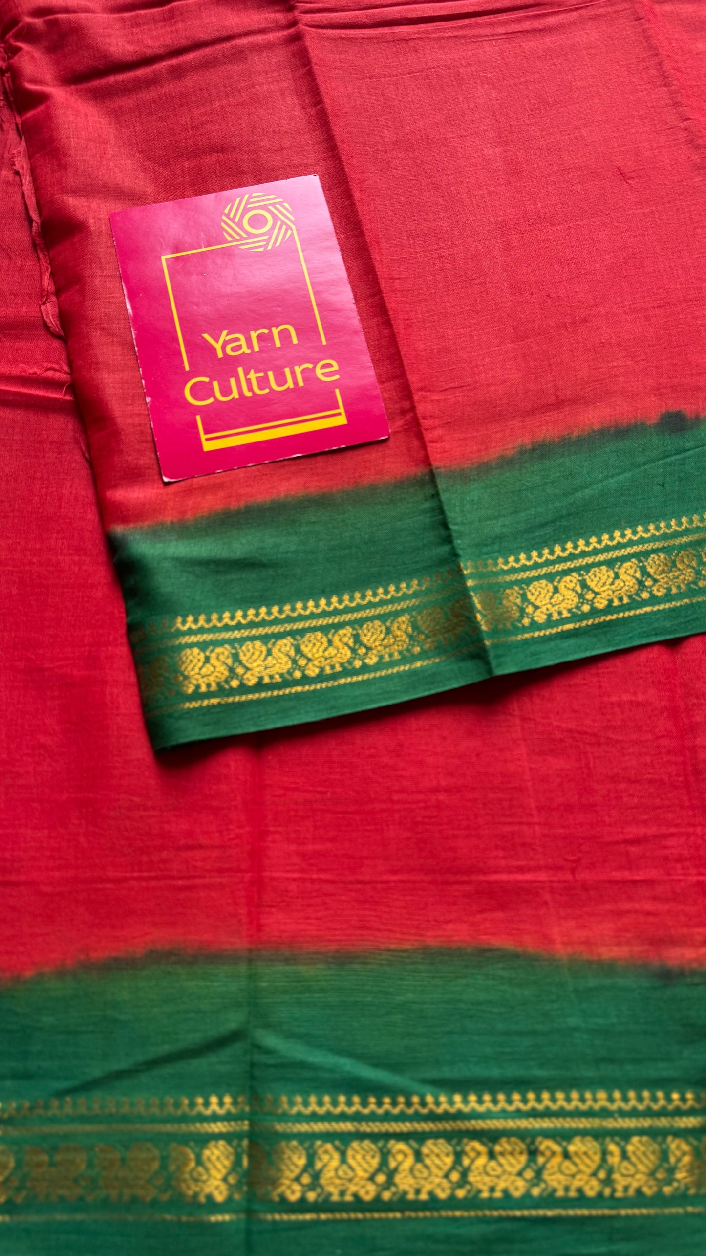 Red with green border sungudi, kattuchayam dyed, madurai cotton - YCCOTNSEMS101
