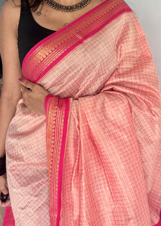 Salmon pink with hot pink, checks - cotton silk - YCCOTNOCKC40