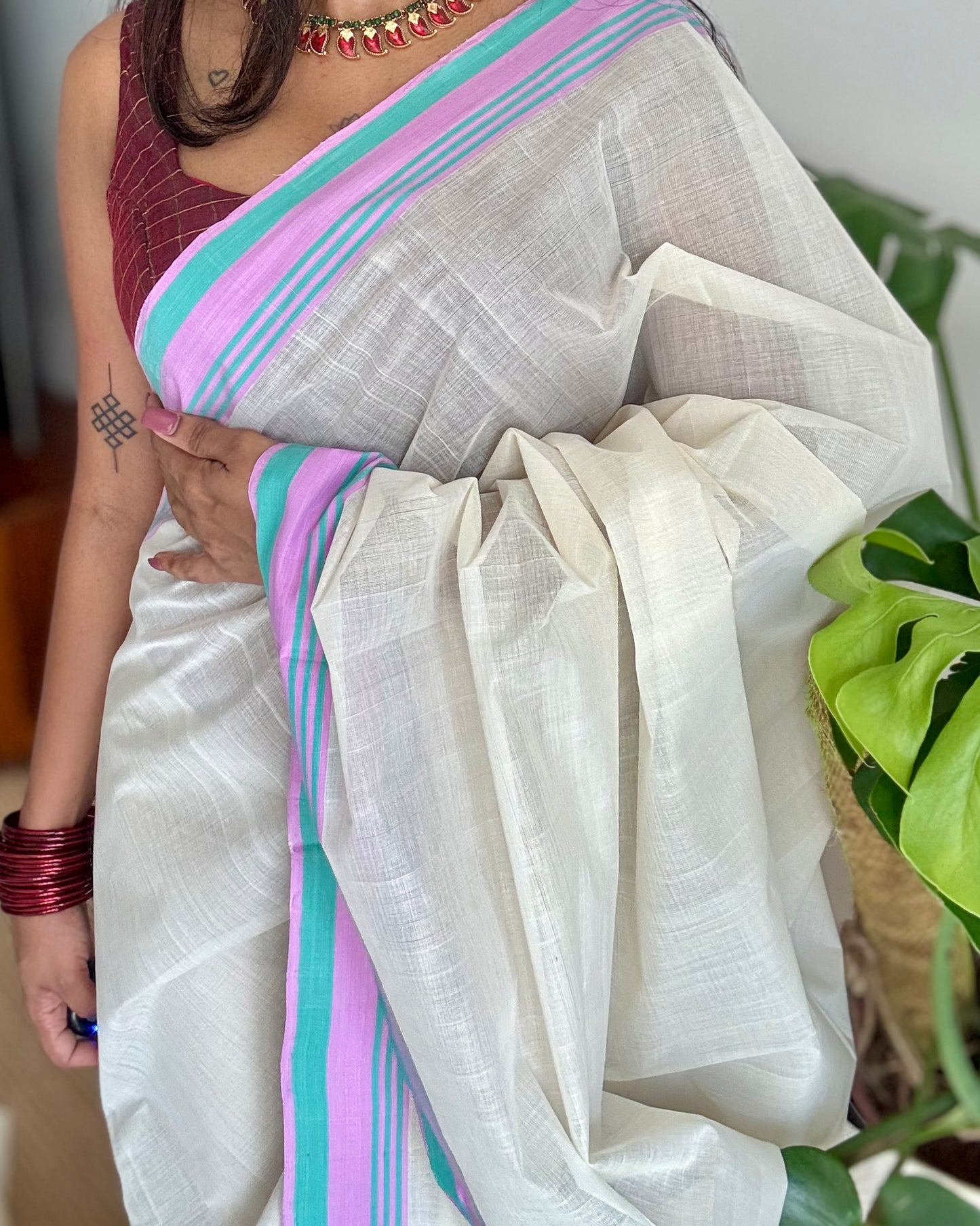Handloom, woven in Chendamangalam Looms, ivory with pink and green stripes, soft cotton saree - YCIEON149