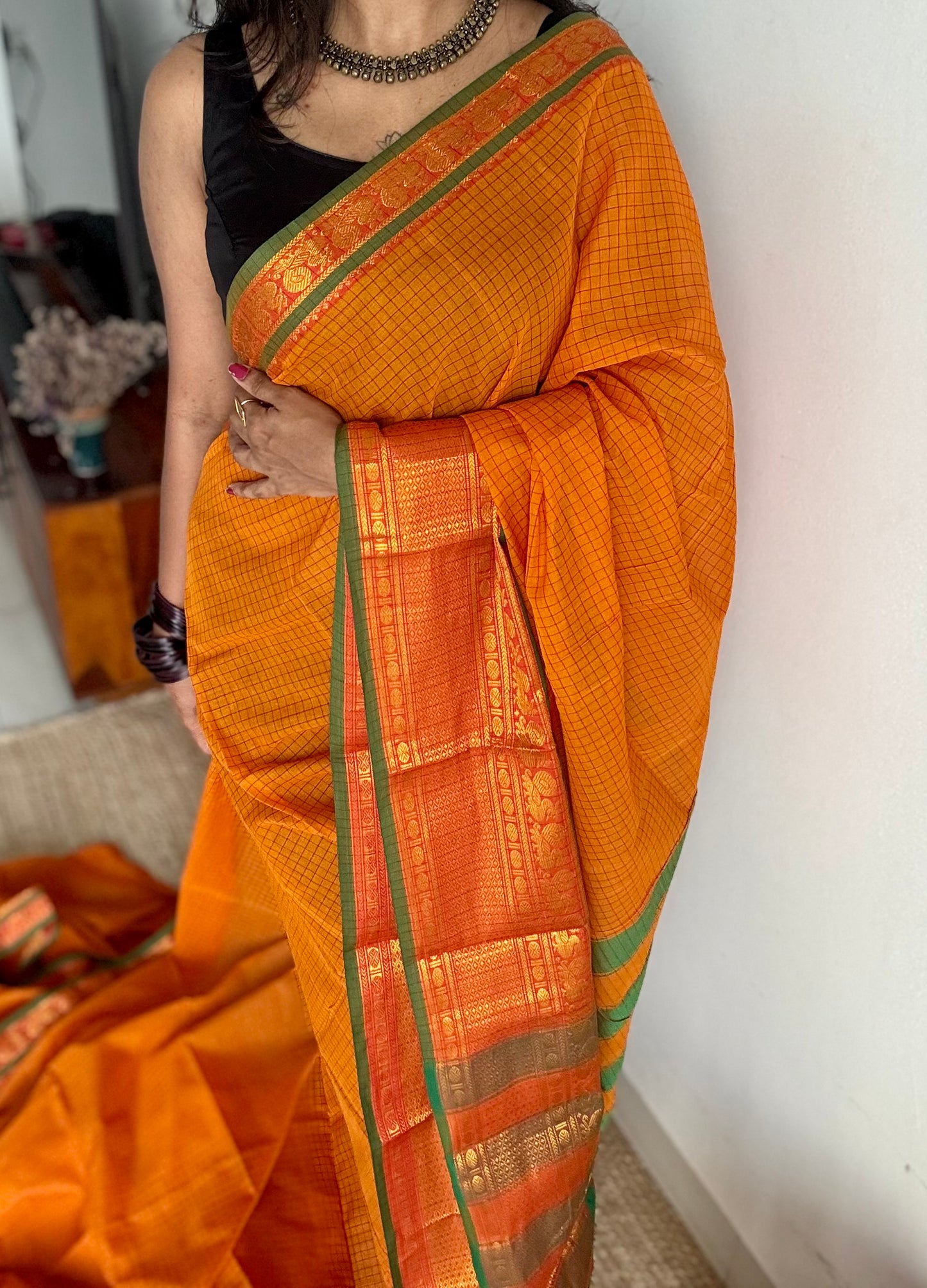 Yellowish orange checks with zari border, premium narayanpet, soft cotton - YCWOTDOCNP02