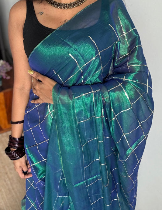 Peacock blue, checkered sequins work, mul tissue - YCBCMCJA09