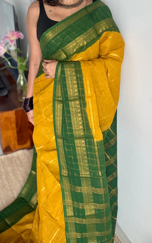 Ginger yellow with dark green, Adayar checks with velthaari pattern, madurai cotton - YCCOTNOCSC04