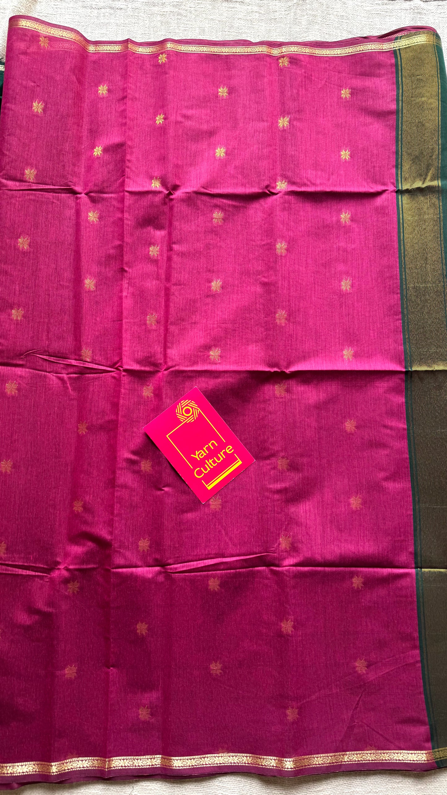 Berry pink with green, gold buttas, semi maheshwari cotton silk - YCCOTNFEJUSM04