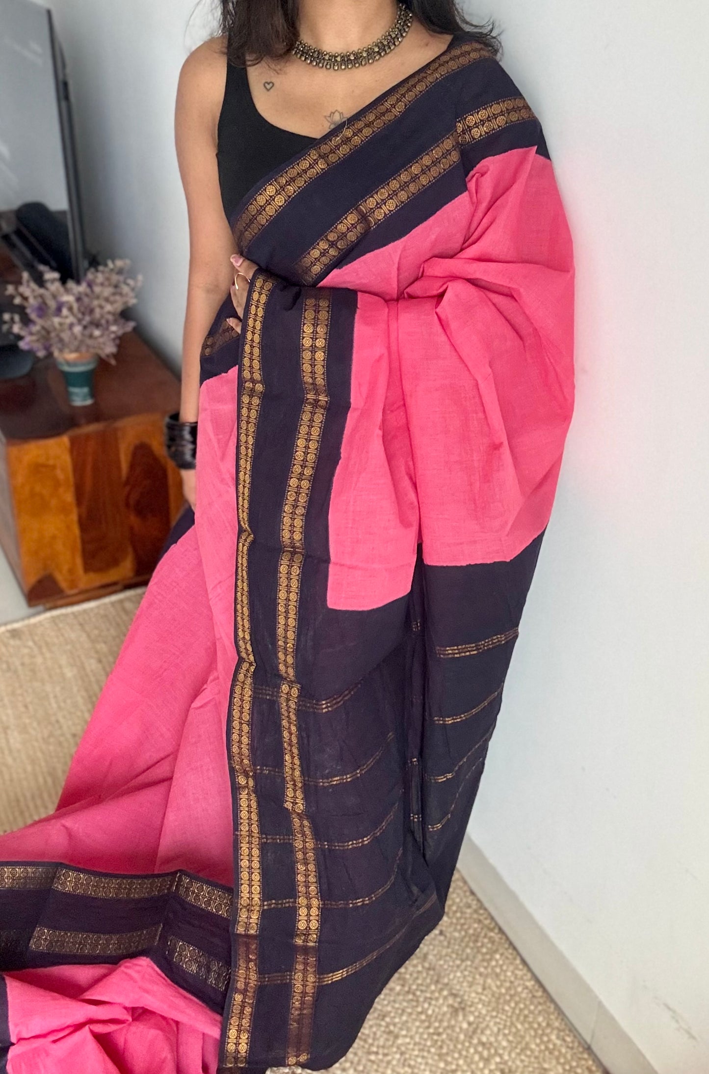 Pink with dark blue, small rudraksham motif border, soft cotton - YCCOTNJSUN08