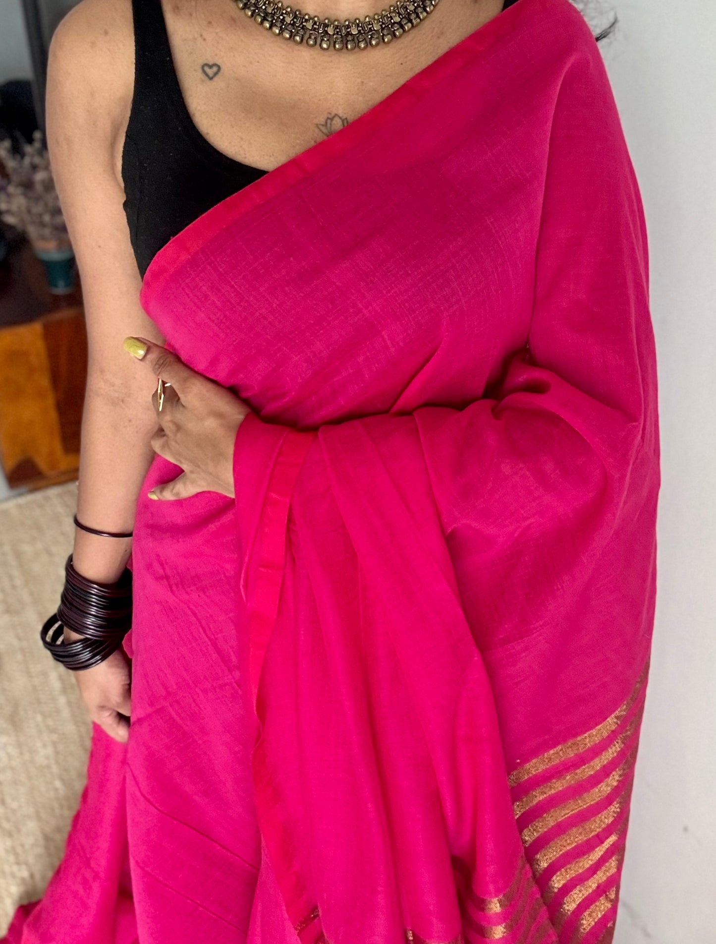 Hot pink khadi with antique gold pallu - YCBCKZPSE03