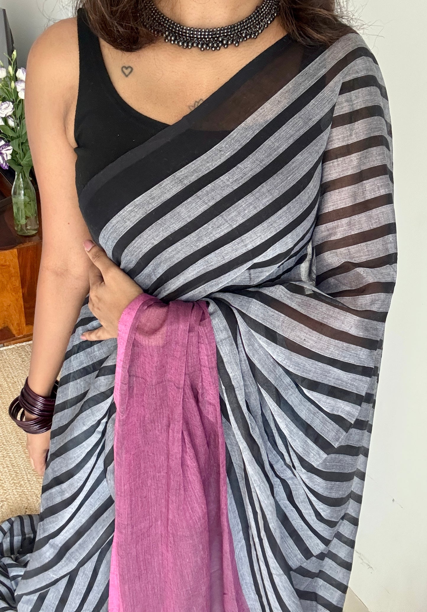 Black Mist - Pink and black stripes, reversible, mul cotton YCBCAUWSM01