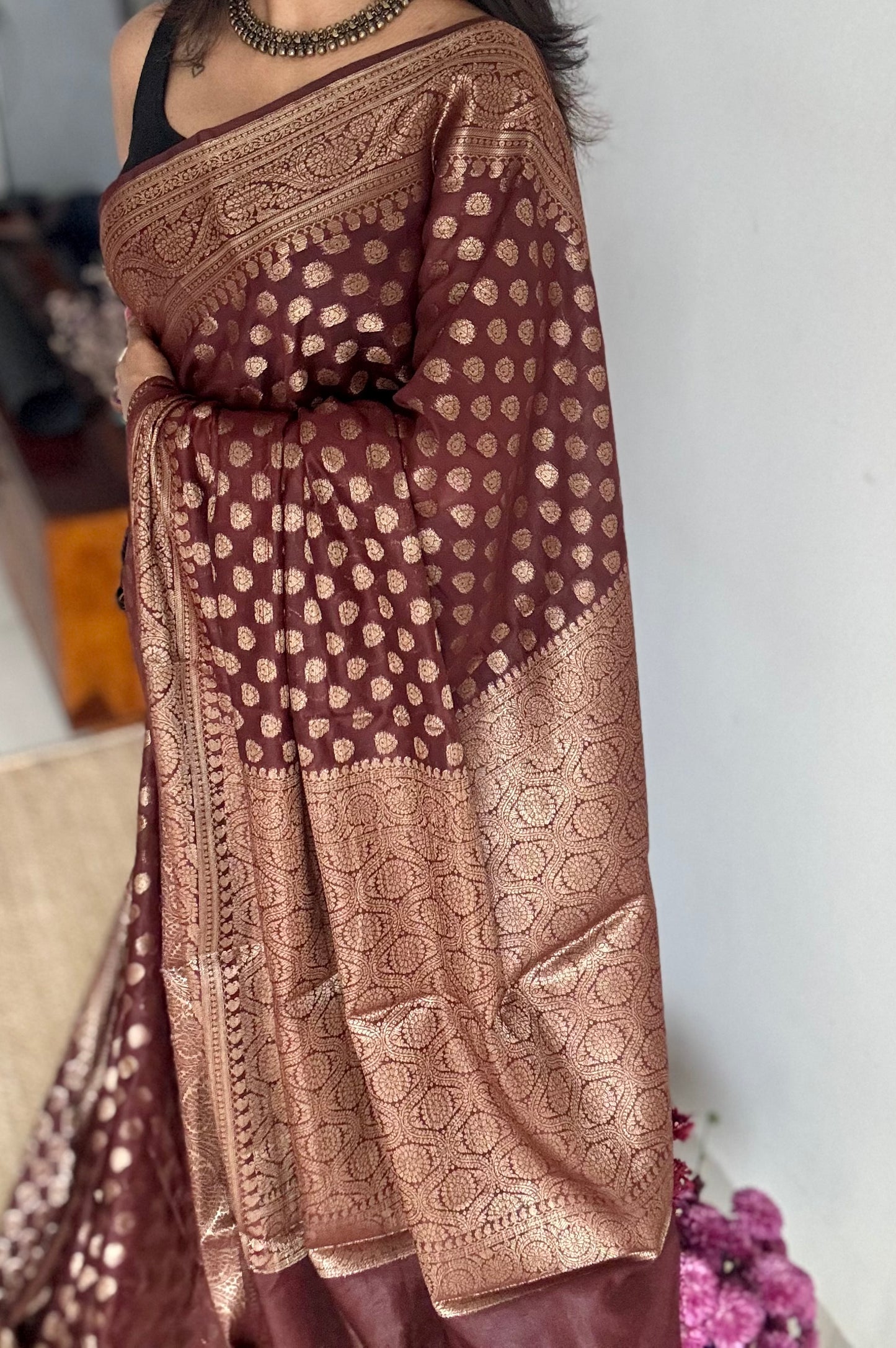 Mocha - Dark brown, antique gold zari, Banarasi semi georgette - YCBLFEGAGZ15