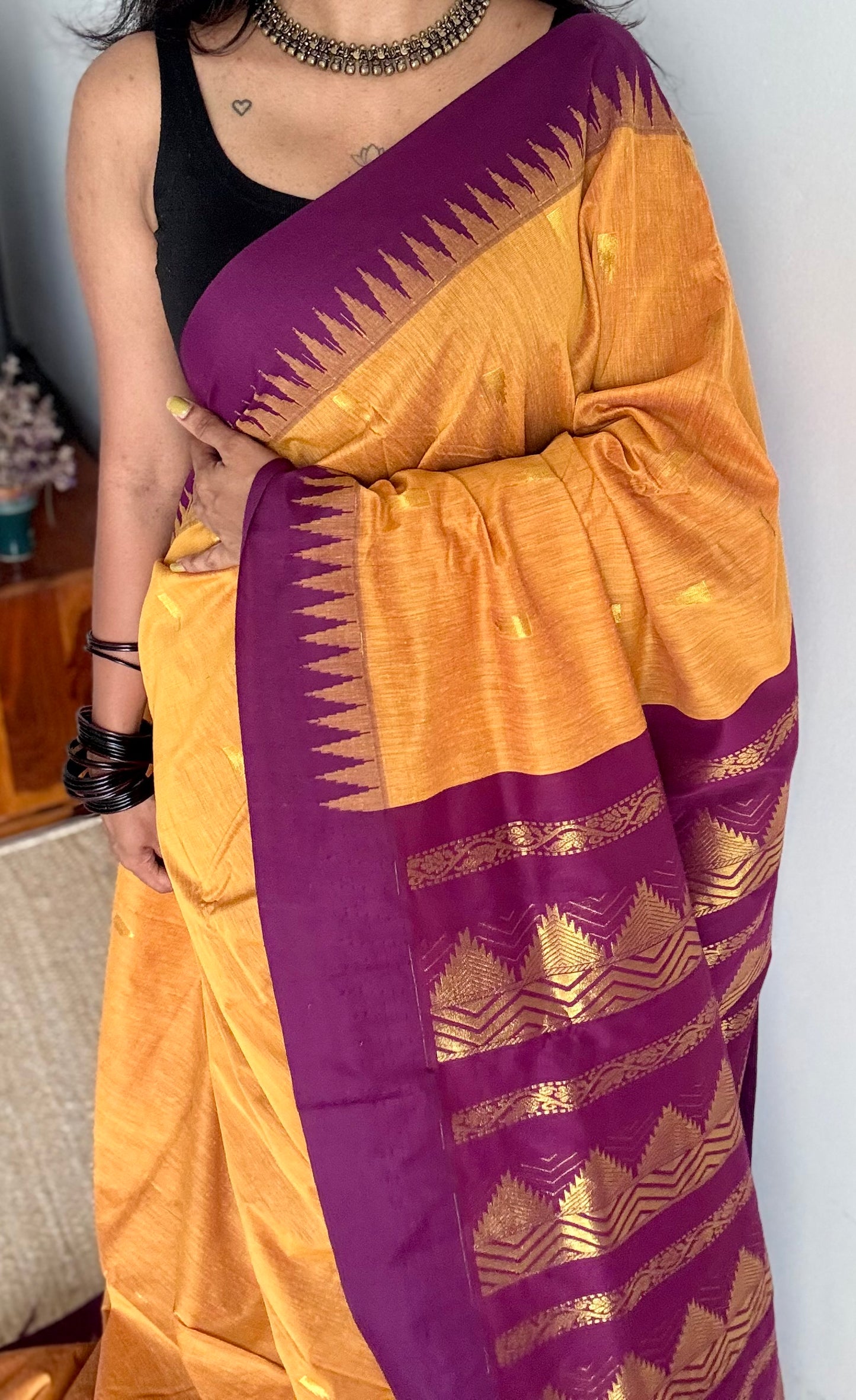 Yellow with purple pink temple border, motifs - cotton silk - YCCOTNSEKCS17