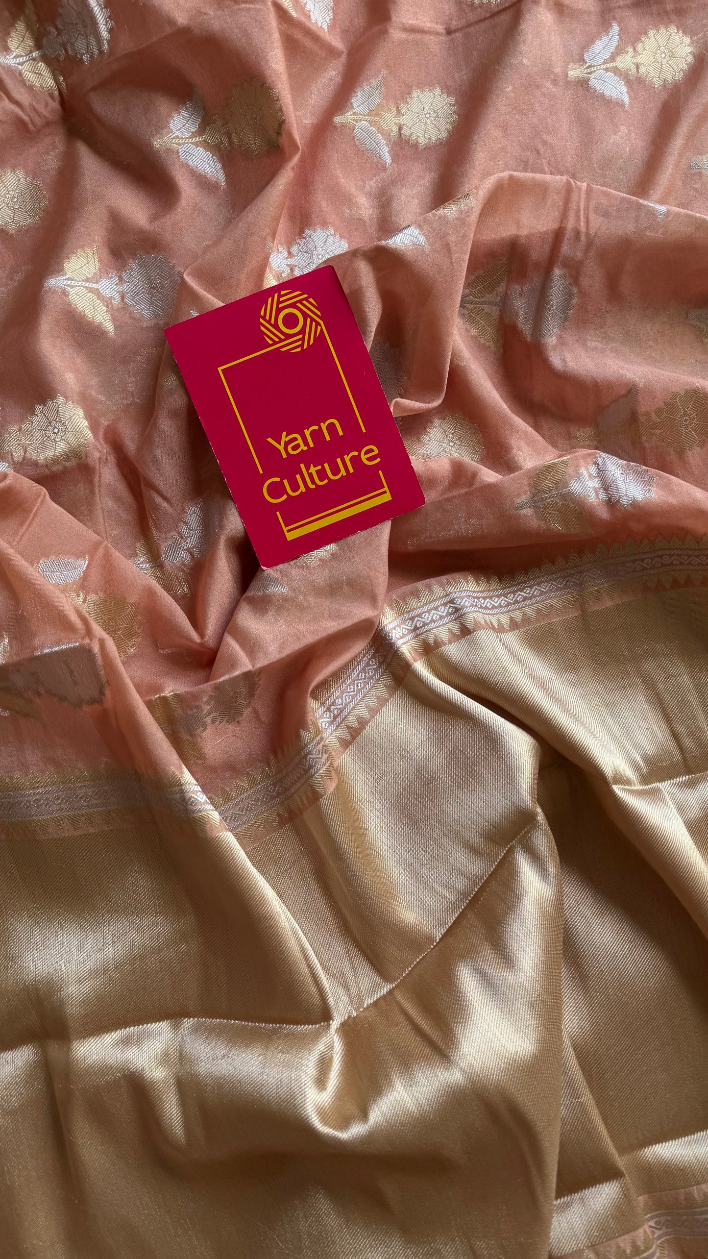 Salmon pink with gold and silver floral buttas, Banarasi semi-crepe silk - YCDESE53