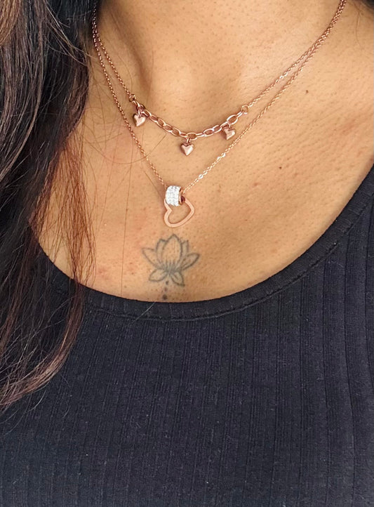 Rose gold plated double layered chain, hearts and white stones - YCGPC411