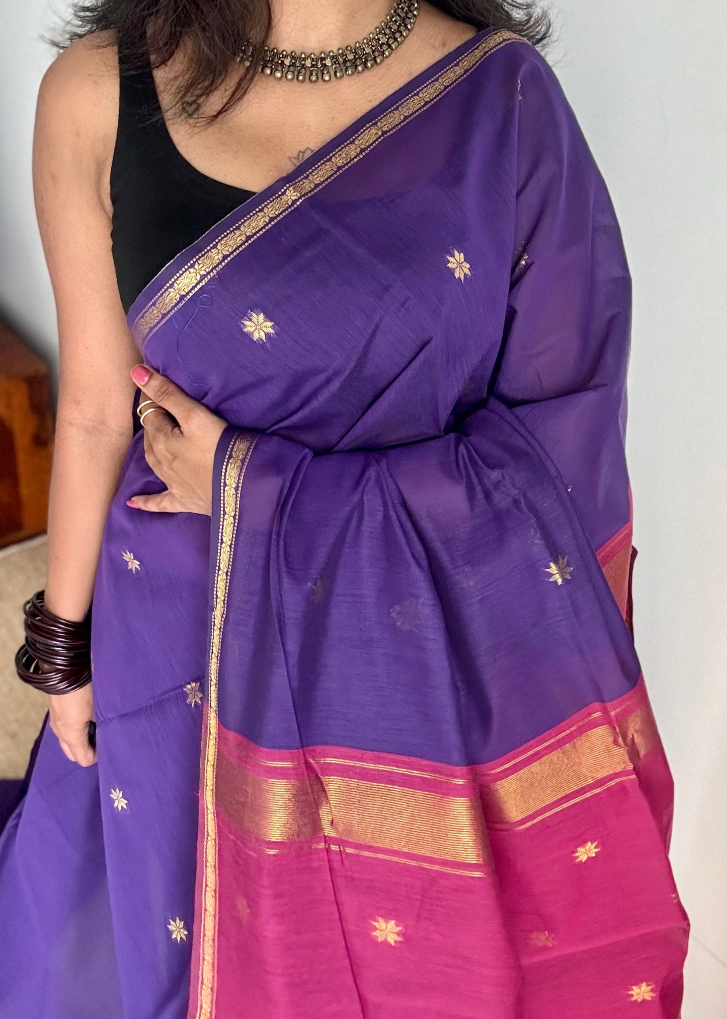Purple with dark pink, gold buttas, semi maheshwari cotton silk - YCCOTNFEJUSM03