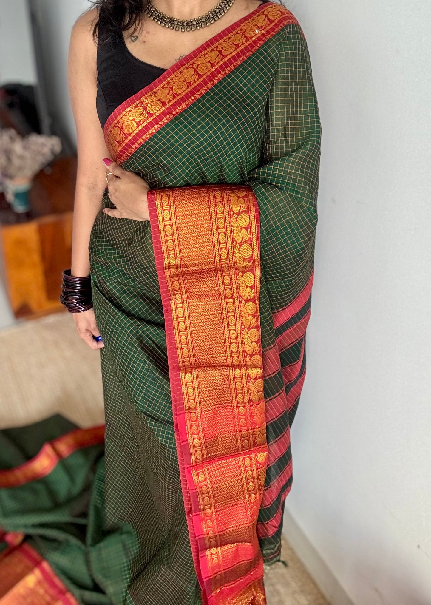 Dark green checks with zari border, premium narayanpet, soft cotton - YCWOTDOCNP01