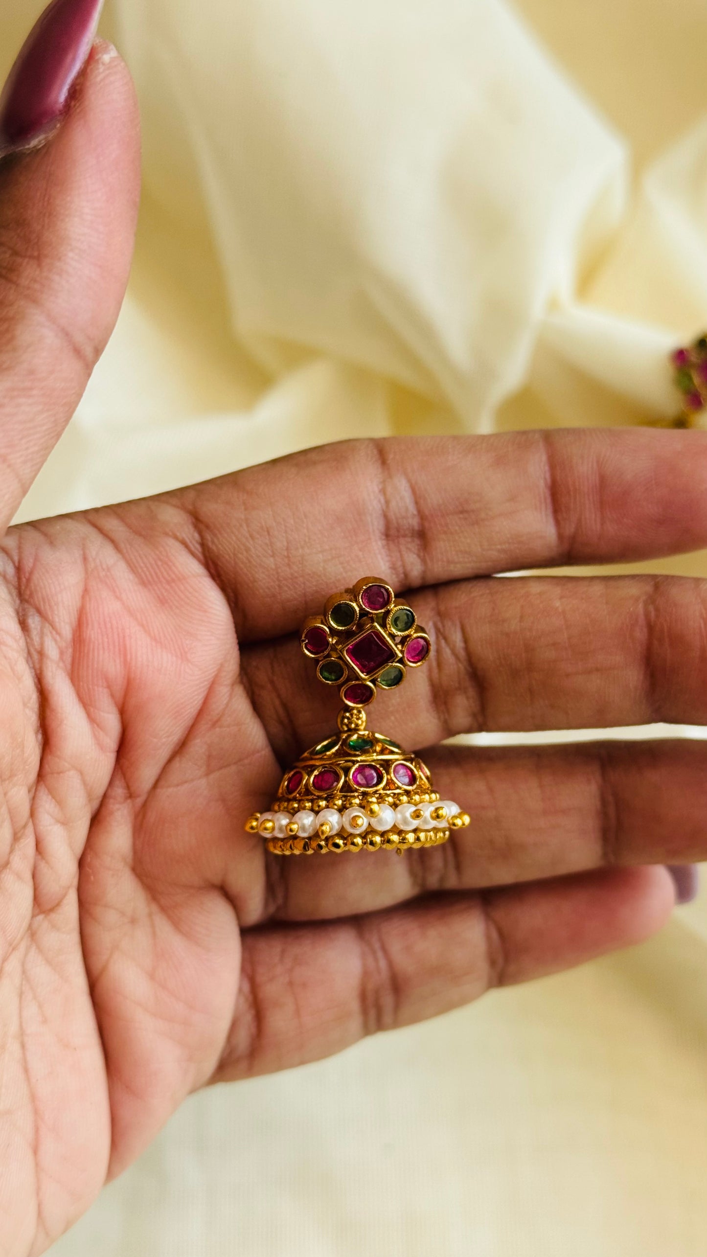 Ruby green pearl small jhumka - YCGPER829