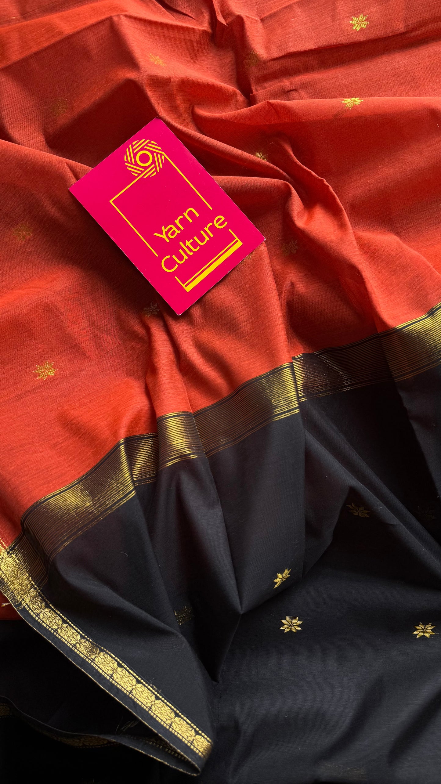 Orange with black, gold buttas, semi maheshwari cotton silk - YCCOTNFEJUSM01