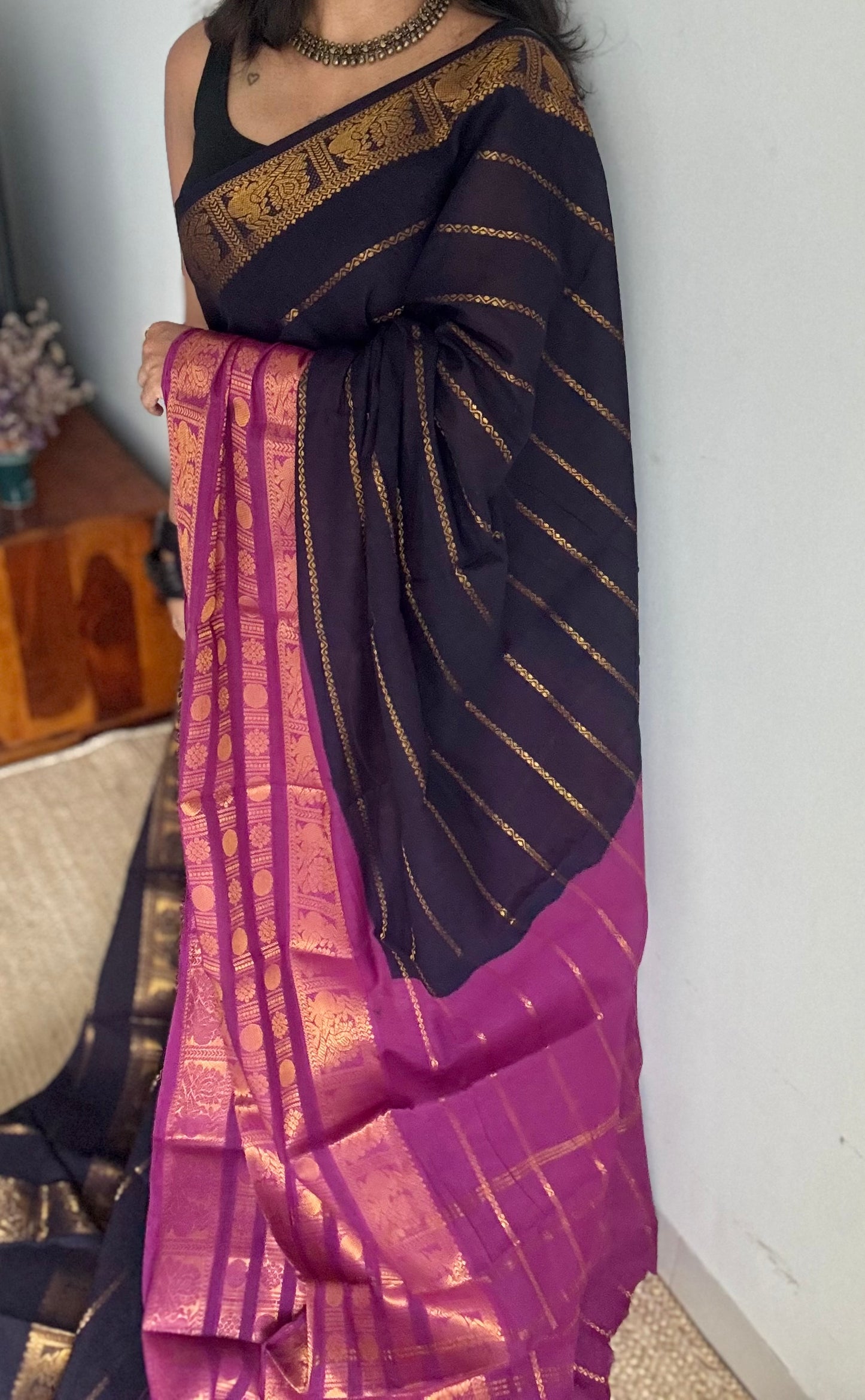 Dark blue with purple pink (vadamalli), peacock rudraksham motif, single side broad zari - madurai kattuchayam dyed - YCCOTNAURS18