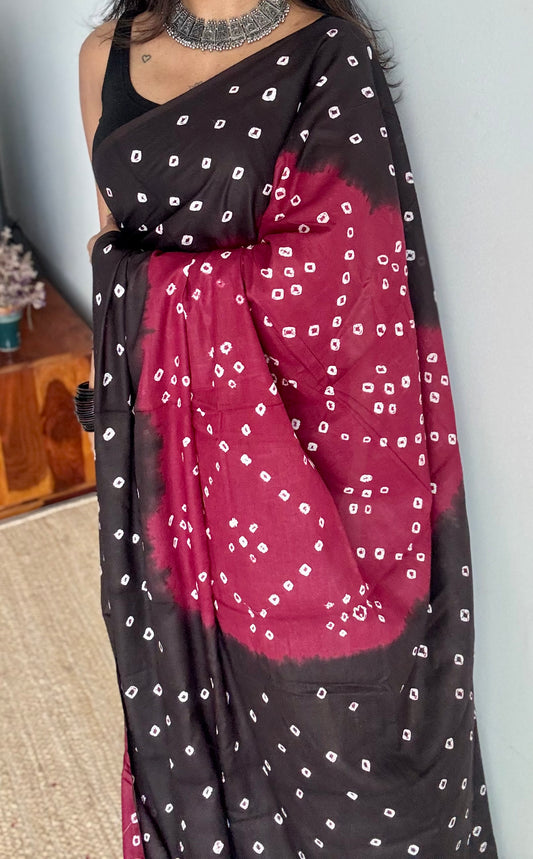Maroon with black Sungudi/Bandhani, soft cotton - YCCOTNSEMS77