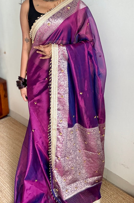 Purple gold tissue Banarasi saree with ghungroo embellishments and beaded lace border - YCBLTOC67