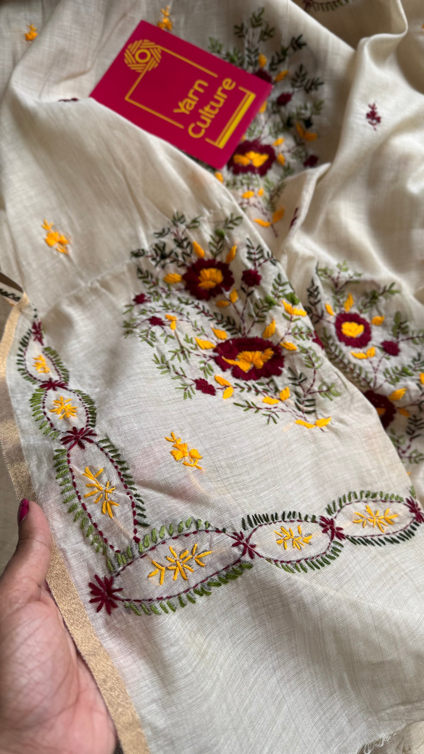 Ivory maheshwari cotton silk blend with maroon and dark yellow floral kantha threadwork - YCBLJULMK05