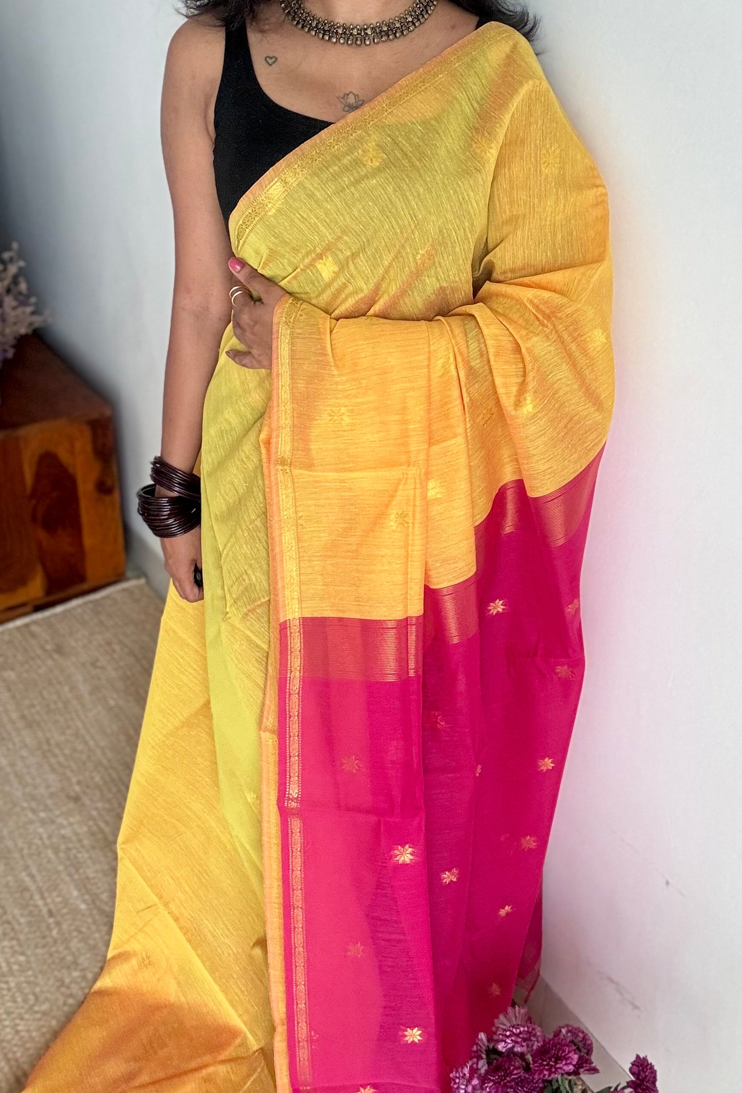 Yellow with pink, gold buttas, semi maheshwari cotton silk - YCCOTNFEJUSM08