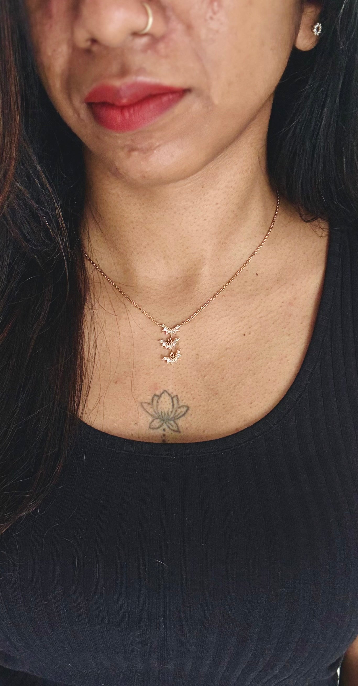 Gold plated chain, three layered petal pendant - YCGPC257