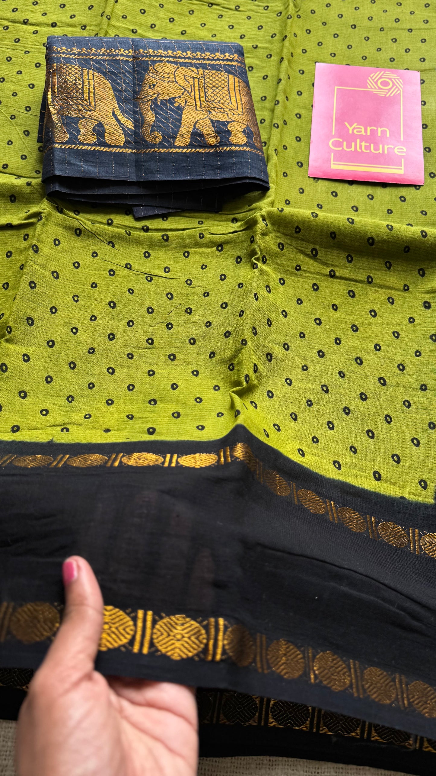 Green with black, sungudi motif and rudraksham border, madurai soft cotton - YCCOTNAUSC03