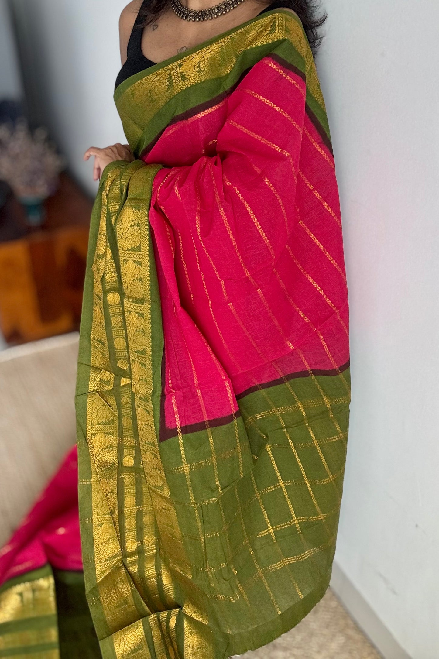 Reddish pink with green, peacock rudraksham motif, single side broad zari - madurai kattuchayam dyed - YCCOTNAUS34