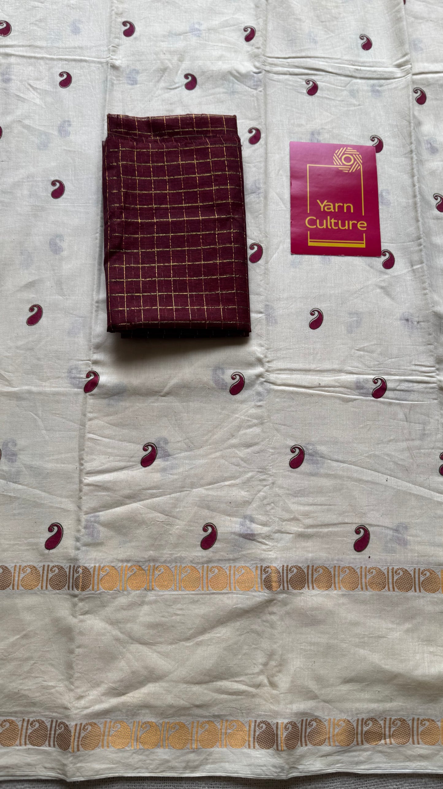 Ivory and Gold with paisley motif block printed buttas, zari border, soft Madurai cotton - YCON25MC268