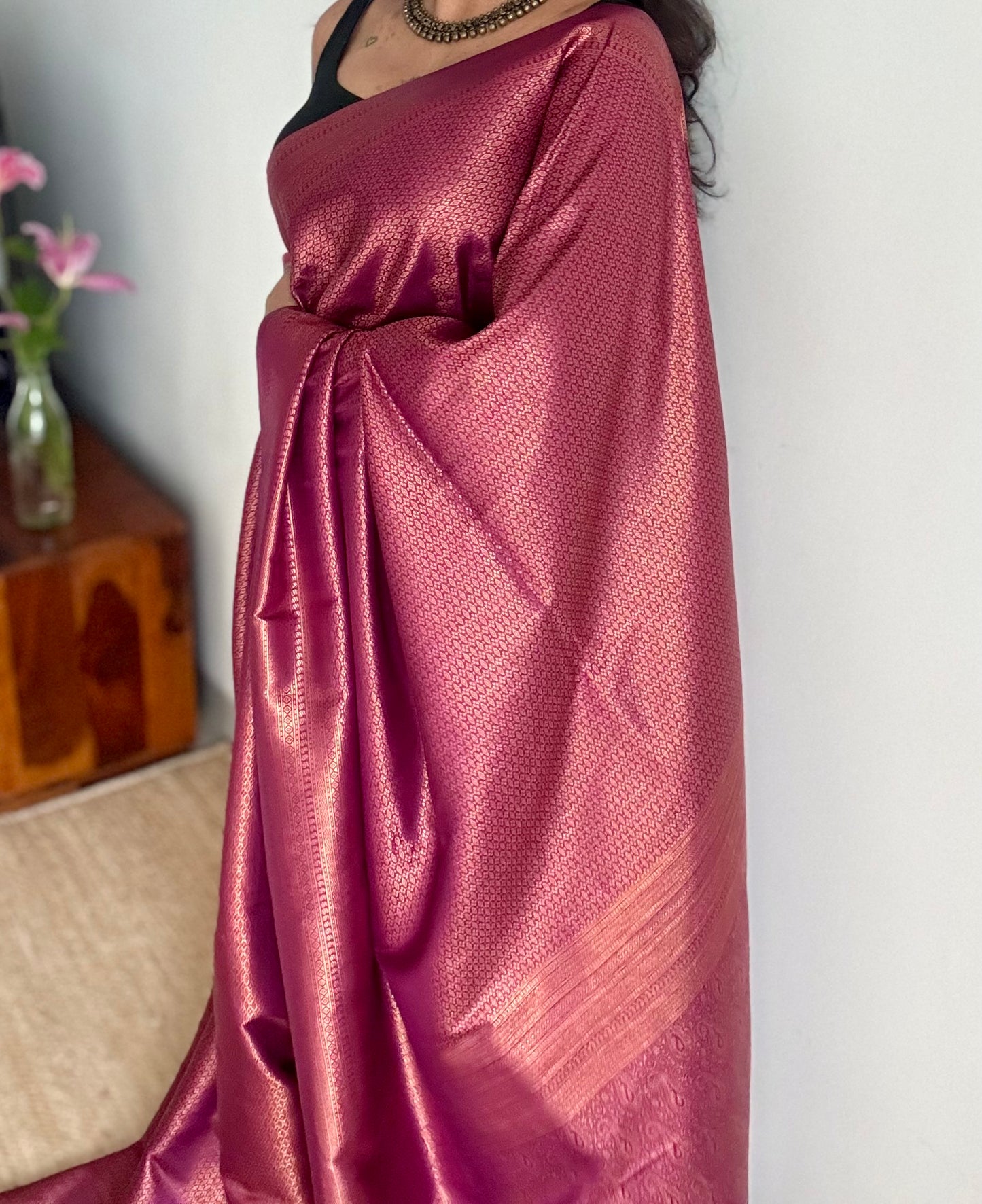Wine, antique gold zari, semi-silk - YCDOSOCSS05