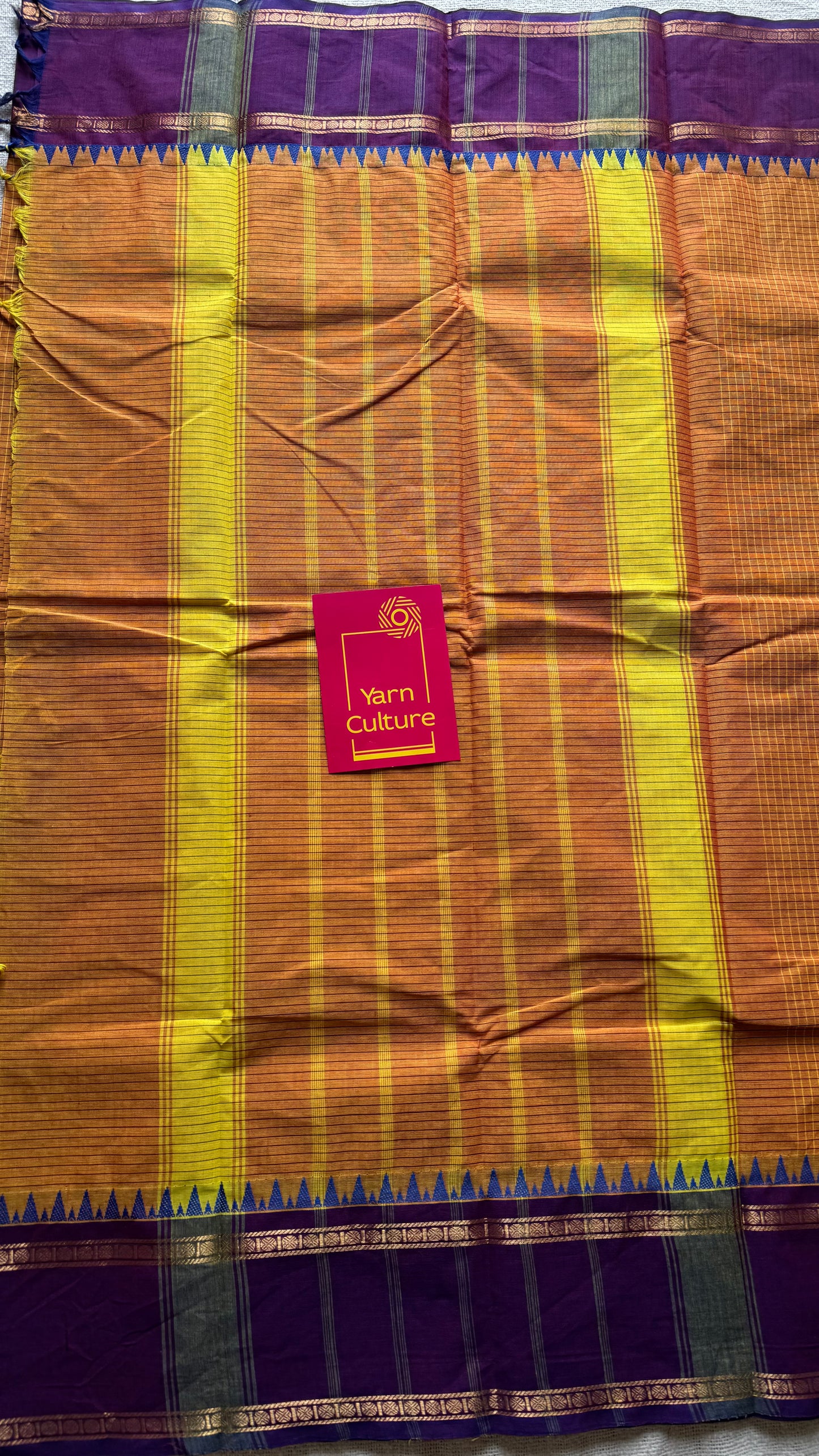 Orange with purple border, temple motifs, checkered body, kanchi cotton - YCCOTNOCKC26
