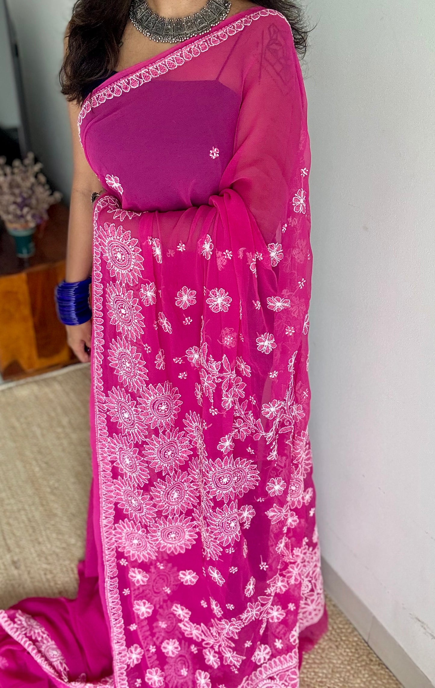Sham-e-Shahzadi (evening of a princess) - Hot pink Chikankari, georgette YCSLCJULCK04