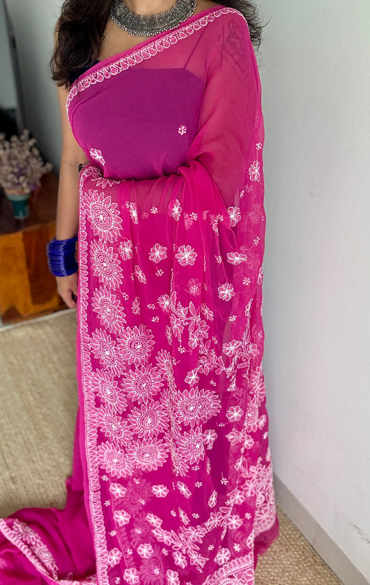 Sham-e-Shahzadi (evening of a princess) - Hot pink Chikankari, georgette YCSLCJULCK04