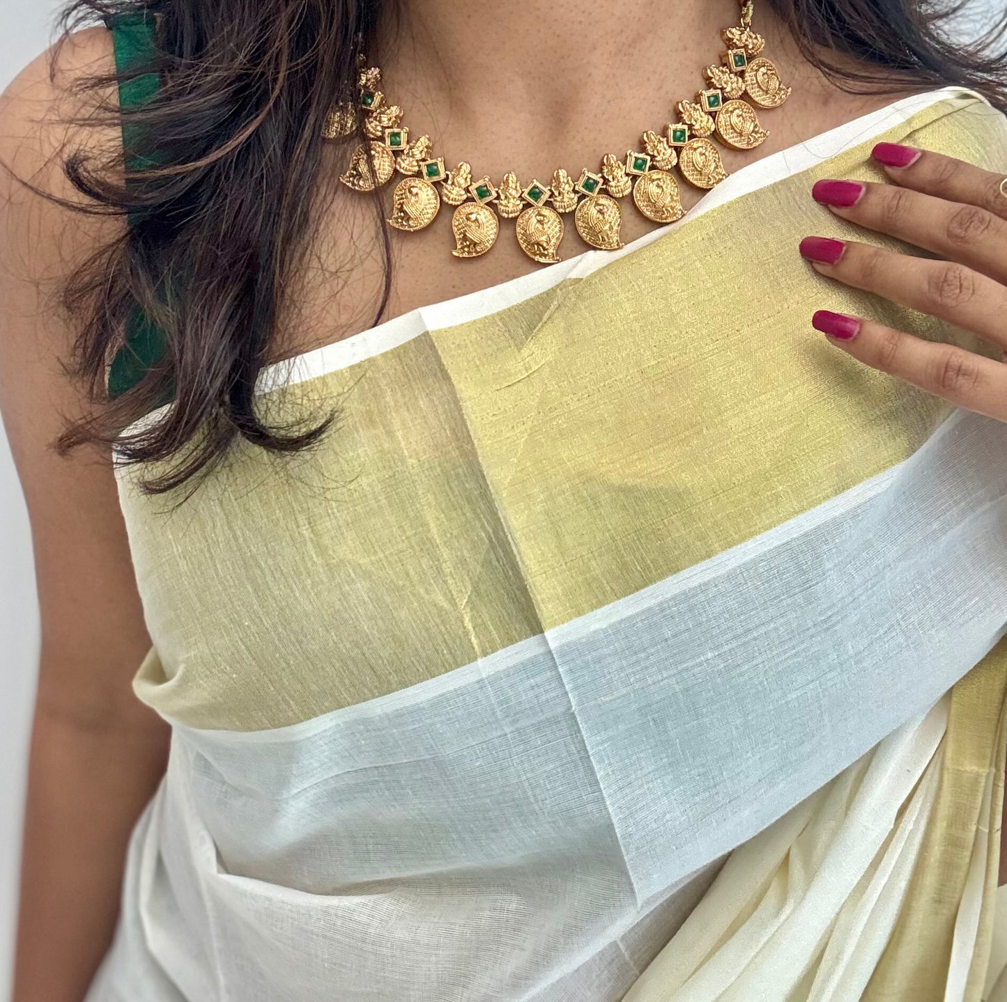 Mango shaped pendants with green stones, necklace - YCAGC19