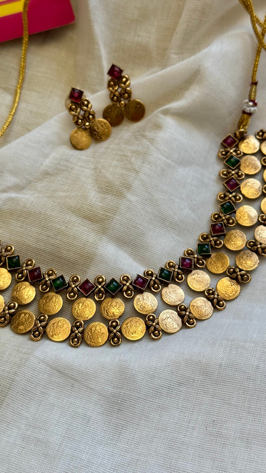 Ruby and green stones with 2 layer coin neckpiece, with earrings - YCGPNP677
