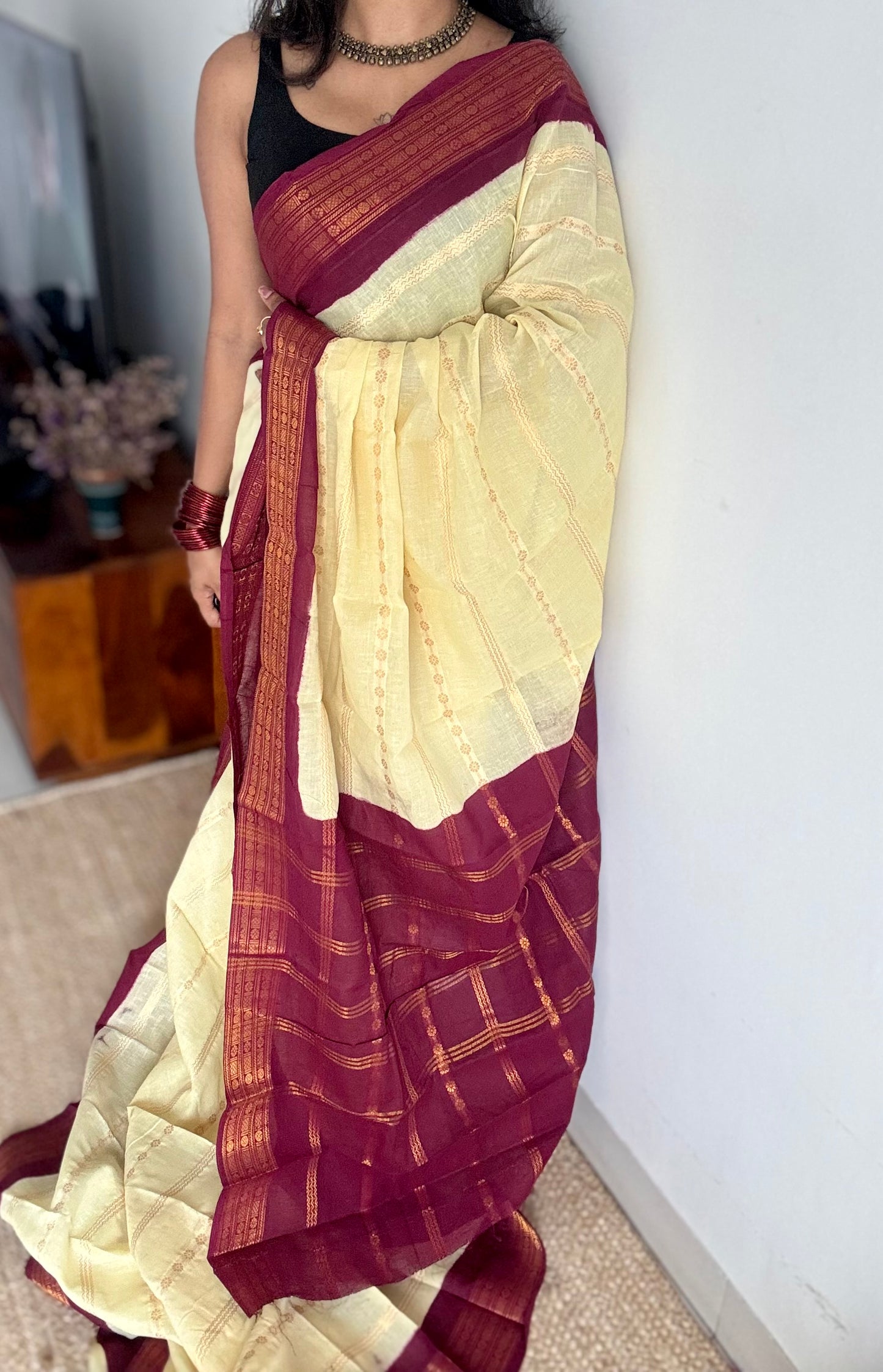 Custard yellow with maroon, motif striped sungudi, soft cotton - YCCOTNSSP02