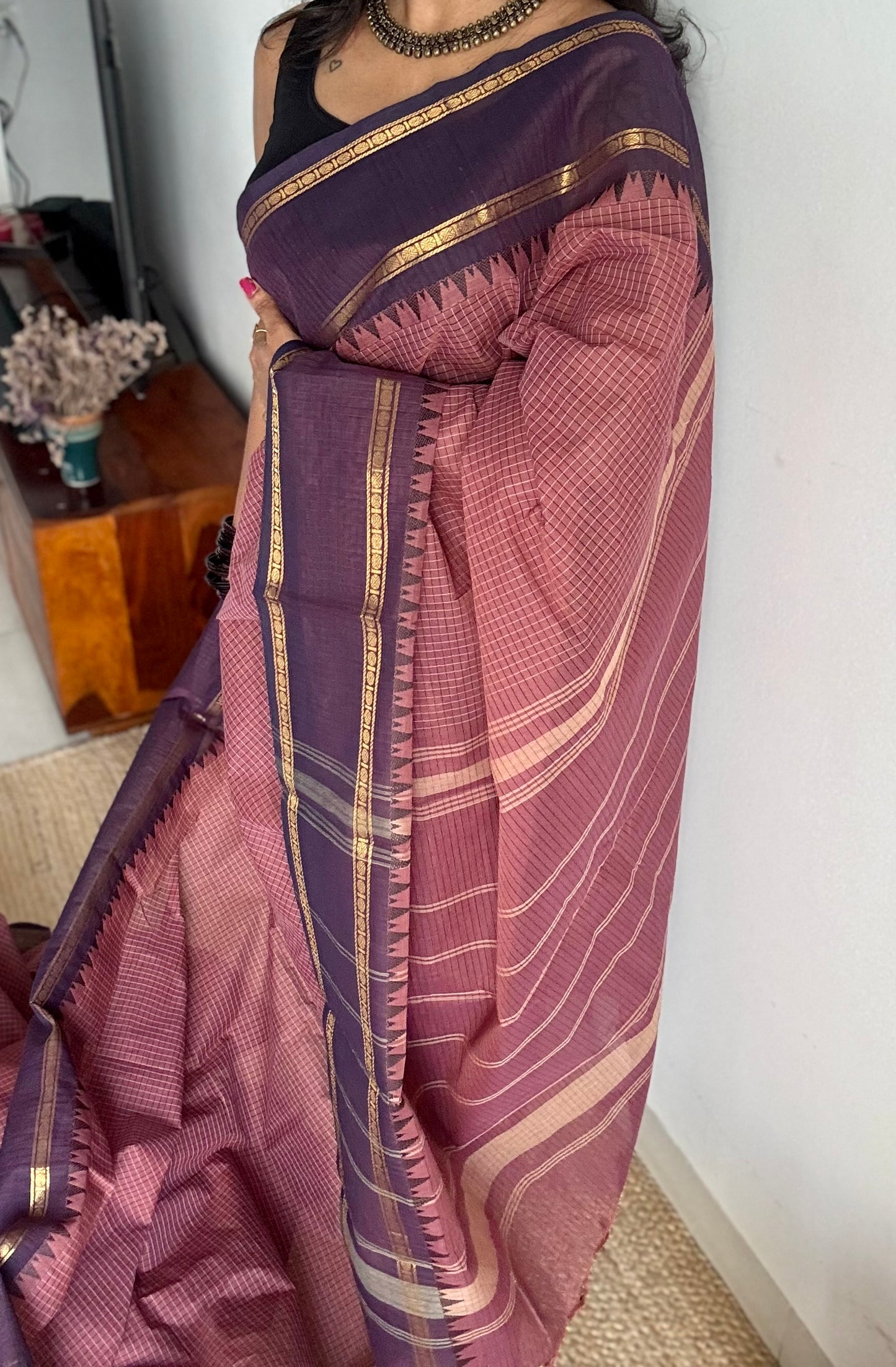 Dusty pink with deep purple border, temple motifs, checkered body, kanchi cotton - YCCOTNOCKC27