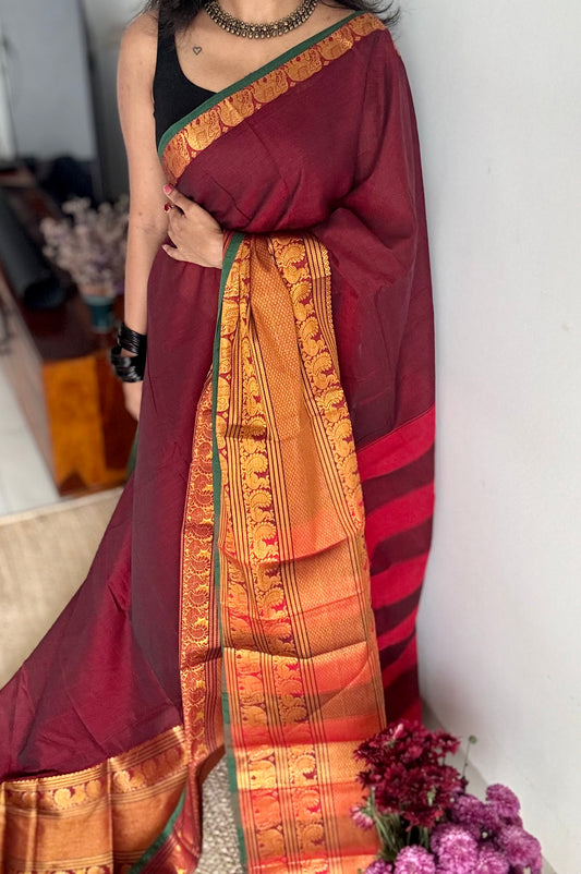 Maroon with broad zari border, premium narayanpet, soft cotton - YCWOTDFEBB09