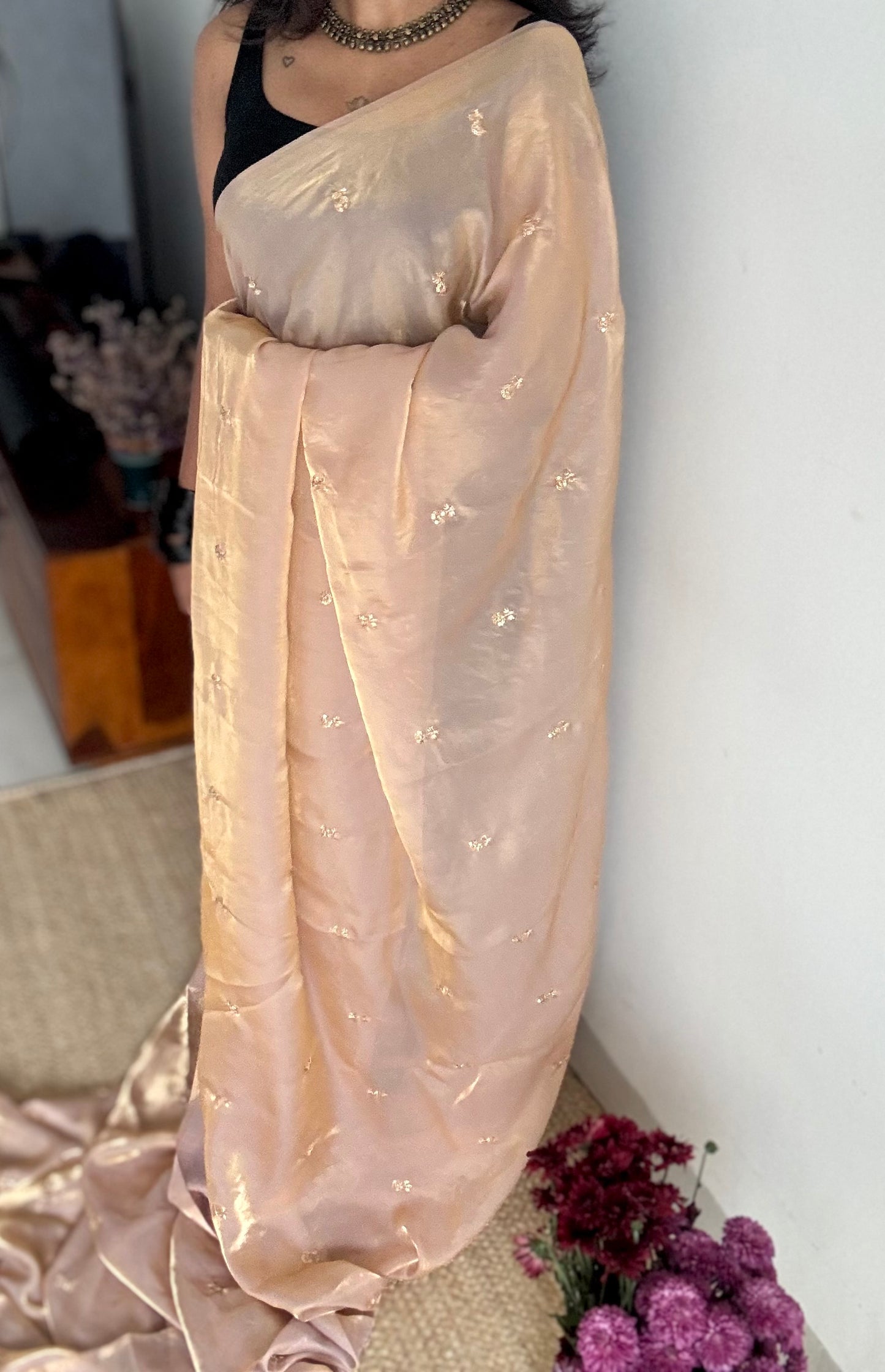 Light gold with a hint of pink, fendy satin with sequin work, contrast maroon blouse - YCDOSFE12