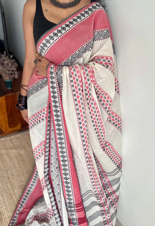 Pure Dhaniakhali tant in white, red and black patterened border - YCBCDP23