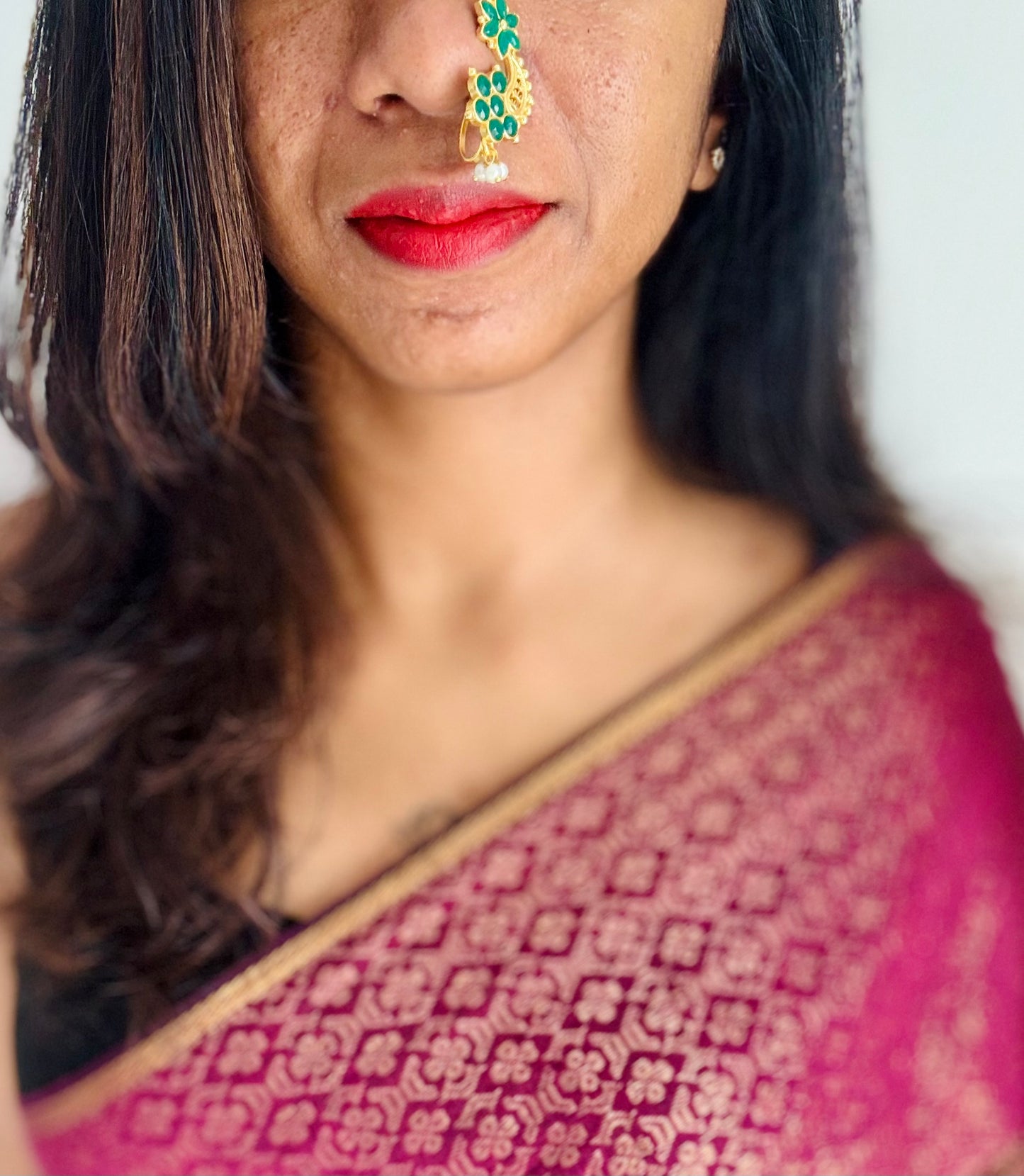 Gold plated, green floral pattern, clip on Maharashtrian nath - YCGPNC205