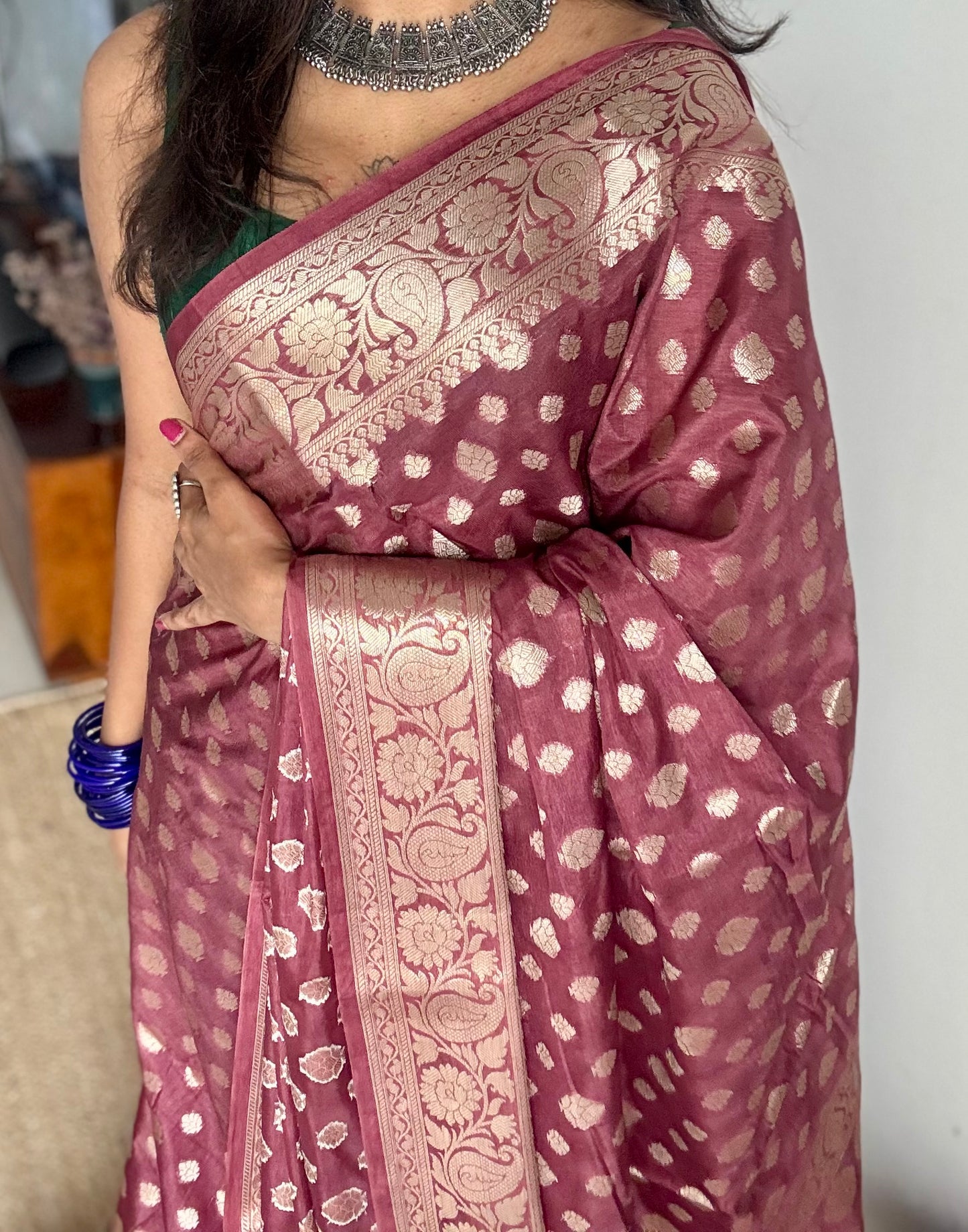 Dark mauve, silver buttas and zari, Banarasi semi-silk - YCDESE38