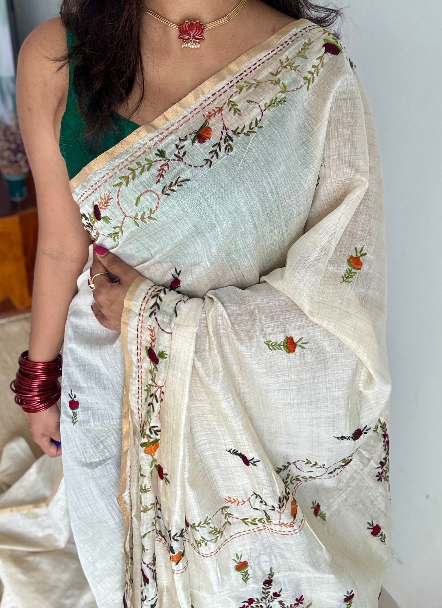 Ivory maheshwari cotton silk blend with deep maroon and orange floral kantha threadwork - YCBLJULMK04