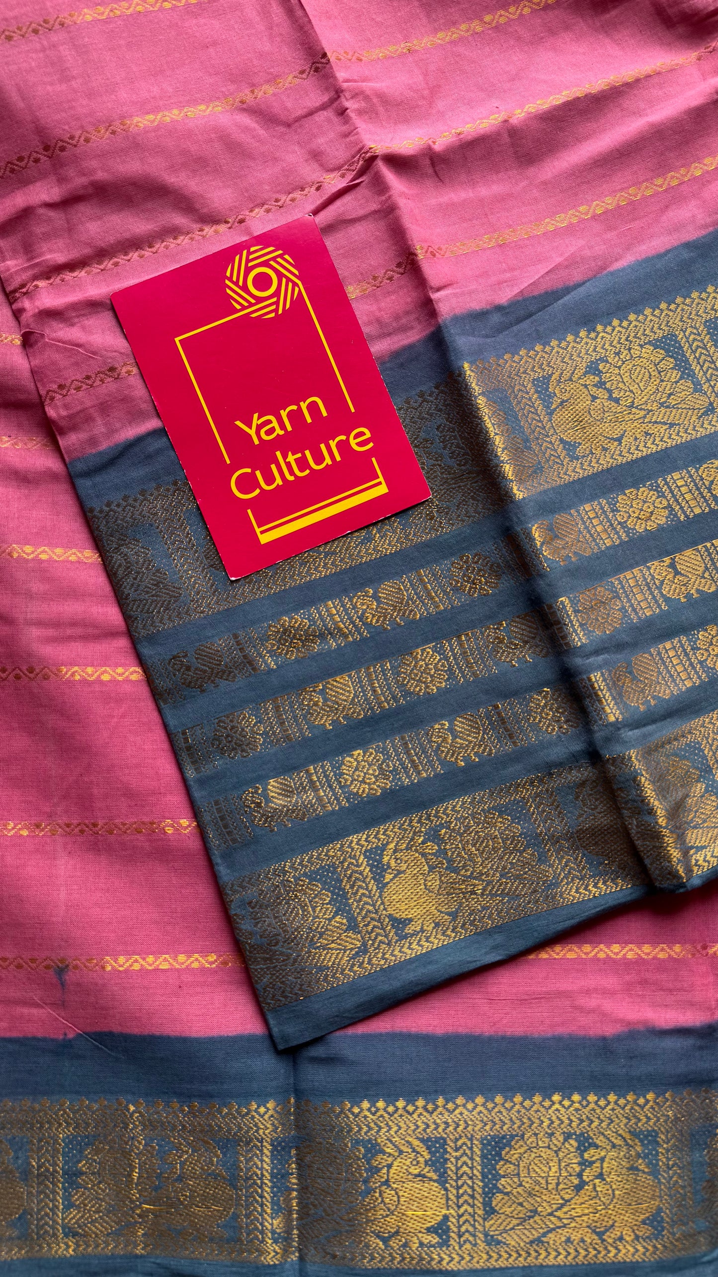 Pink with grey, peacock rudraksham motif, single side broad zari - madurai kattuchayam dyed - YCCOTNAUS32