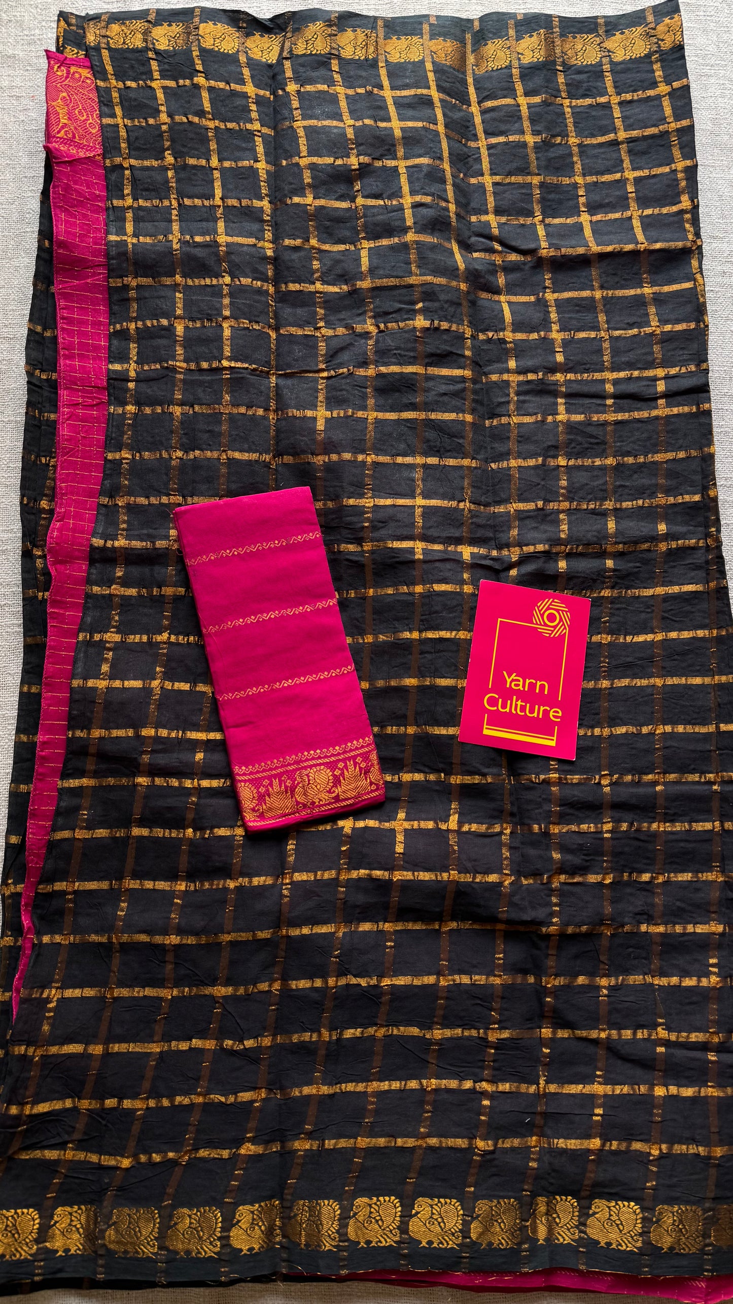 Black with hot pink, sungudi cotton half-half saree - YCCOTNMSFE365