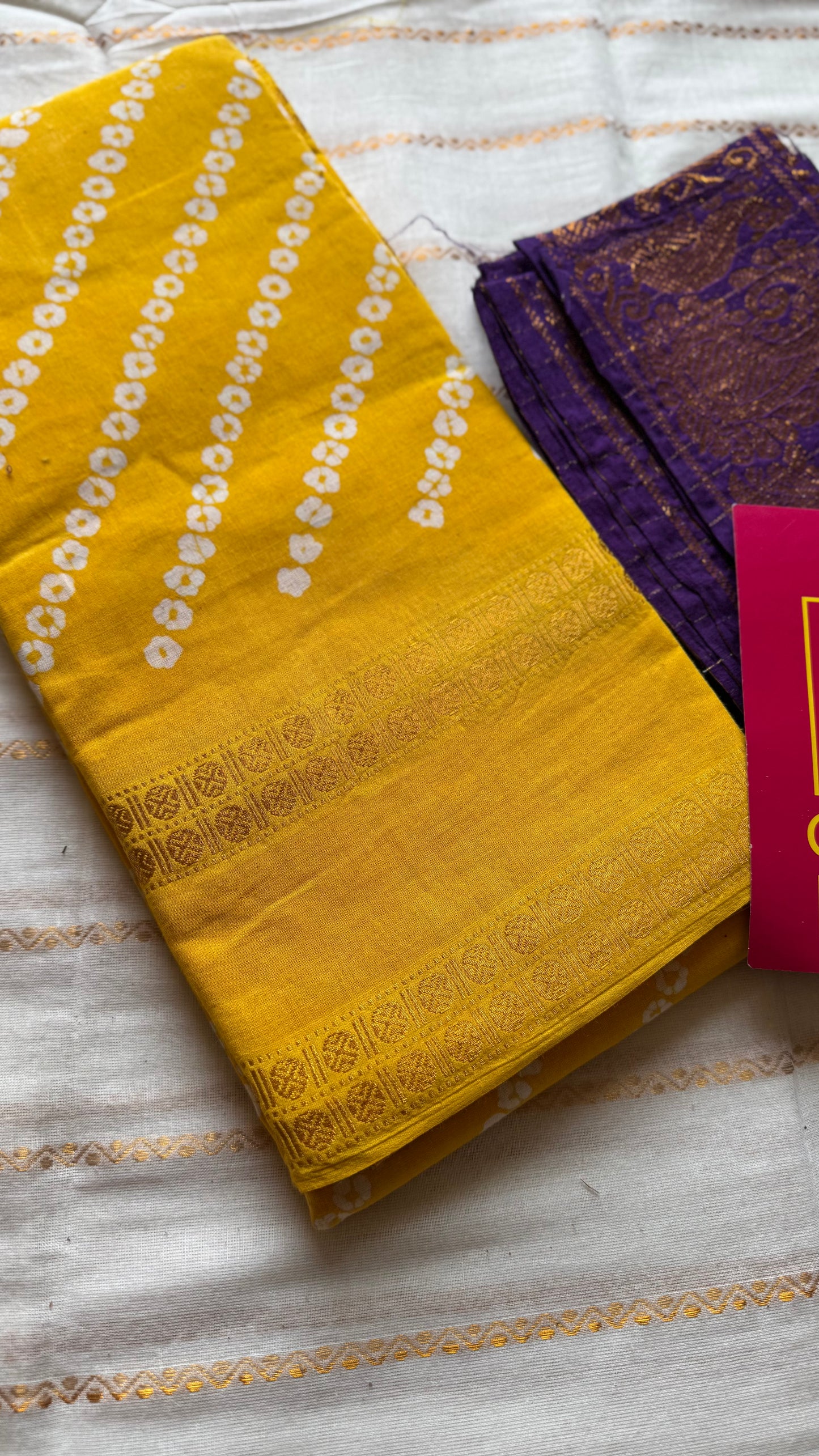 Yellow, wax dot printed sungudi, kattuchayam dyed madurai cotton - YCCOTNMSAP146