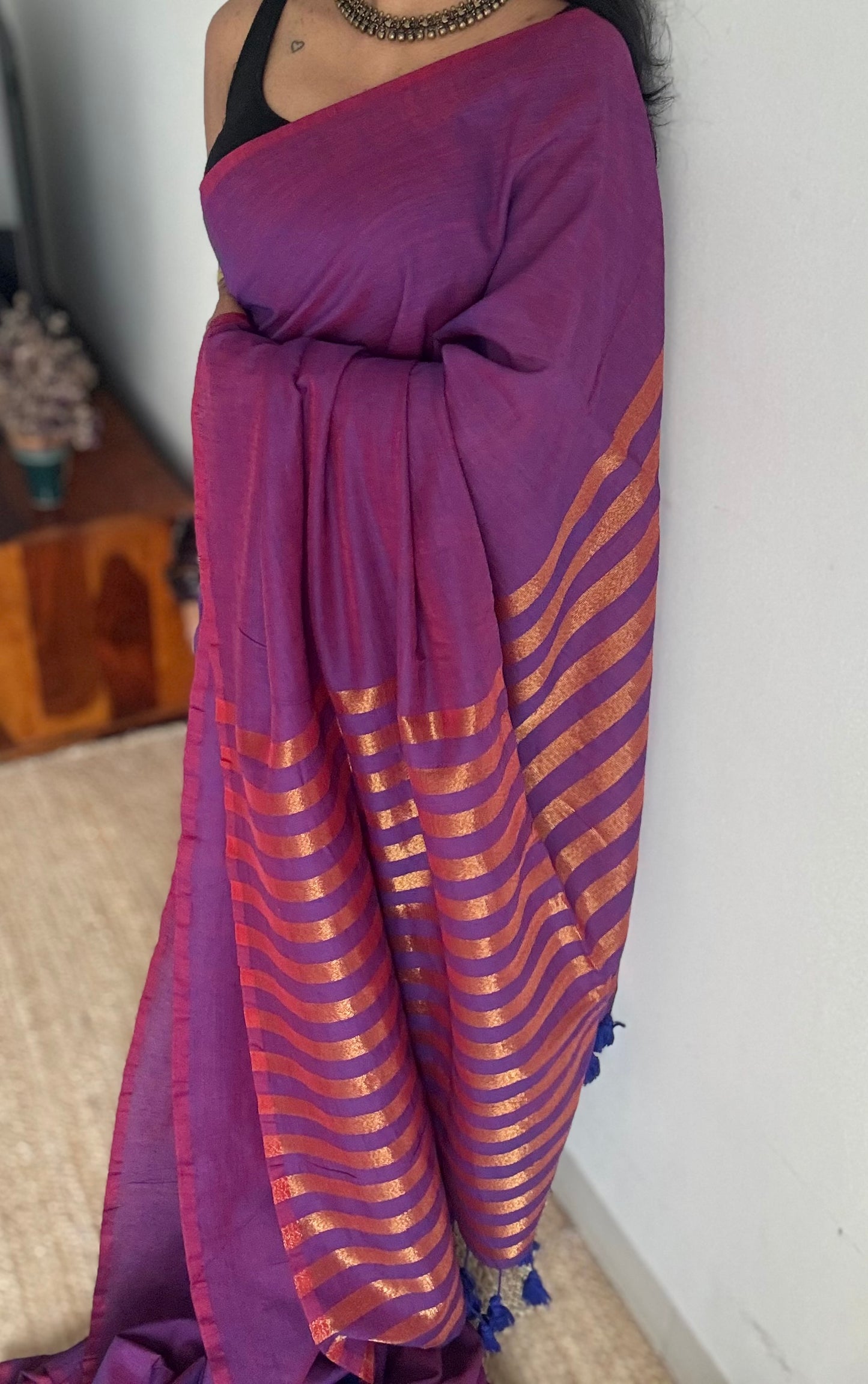 Purple pink dual tone khadi with antique gold pallu - YCBCKZPSE06