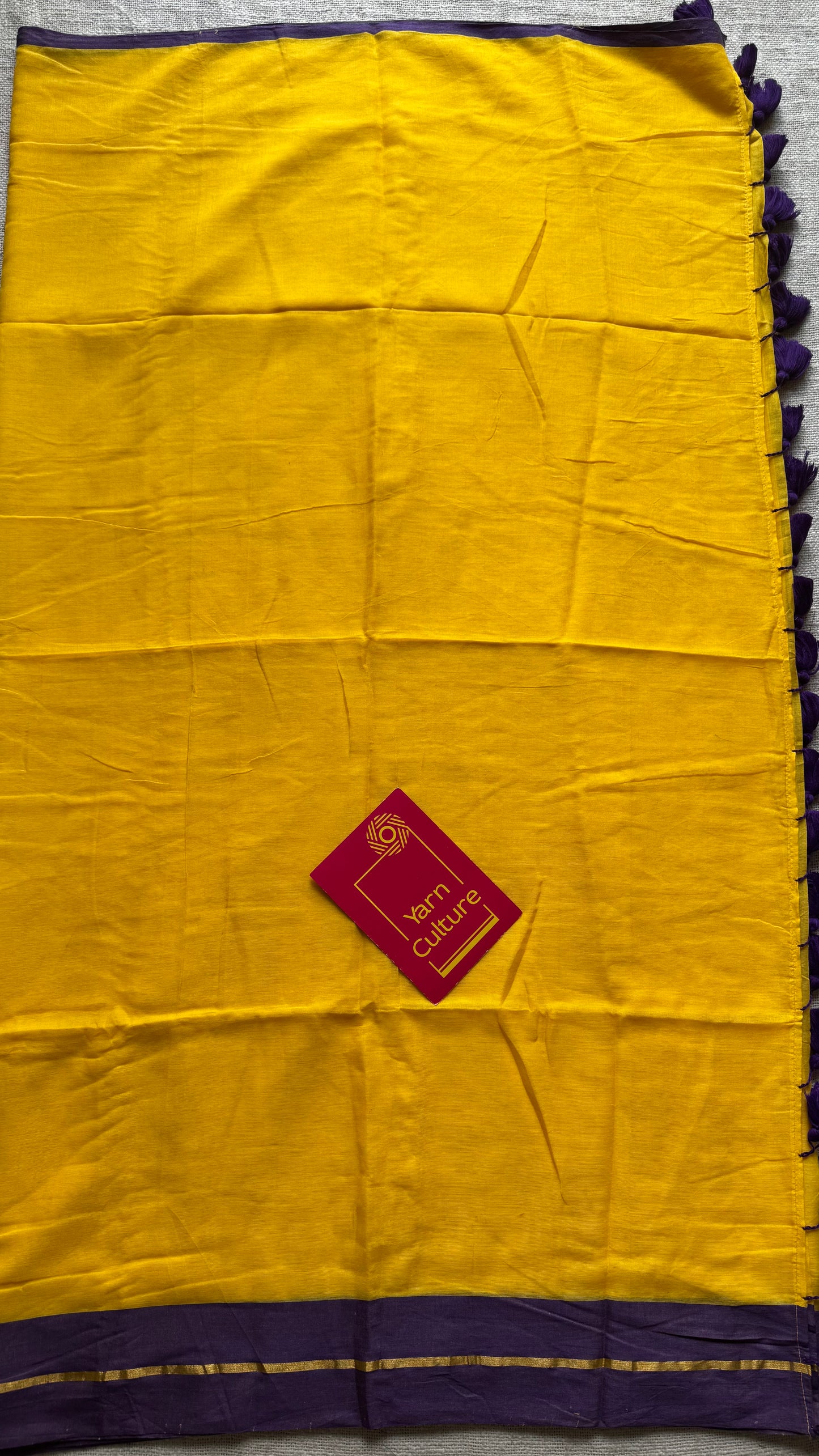 Yellow with purple border mul, thin antique gold zari gap border - YCBCMCLSE45